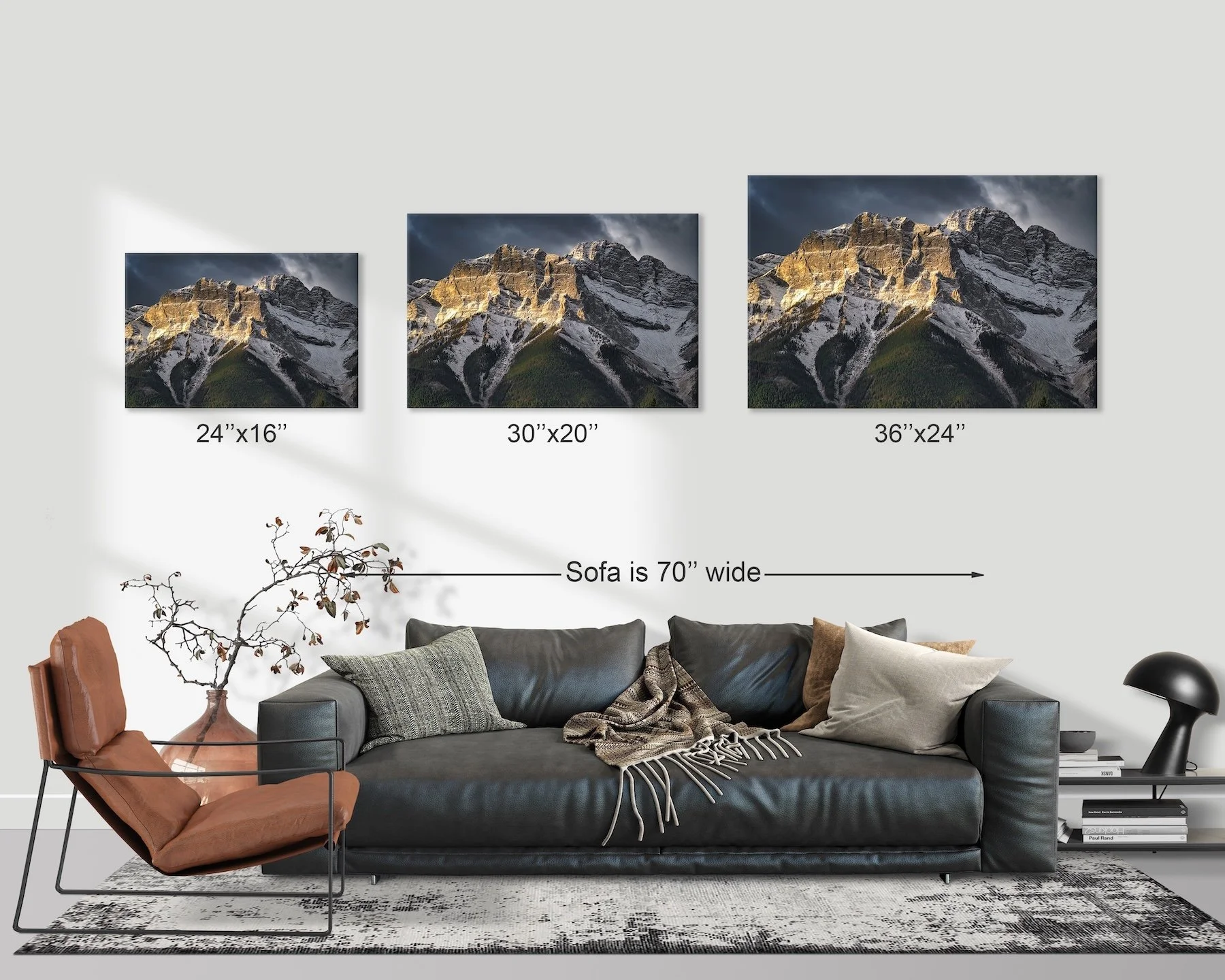 Three different print sizes shown above a sofa