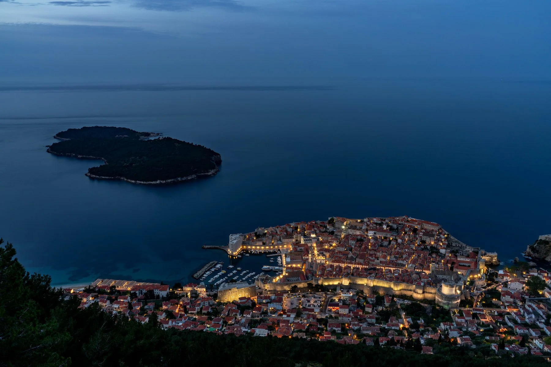Dubrovnik Old Town and Lokrum Island at blue hour from Mt Srd.