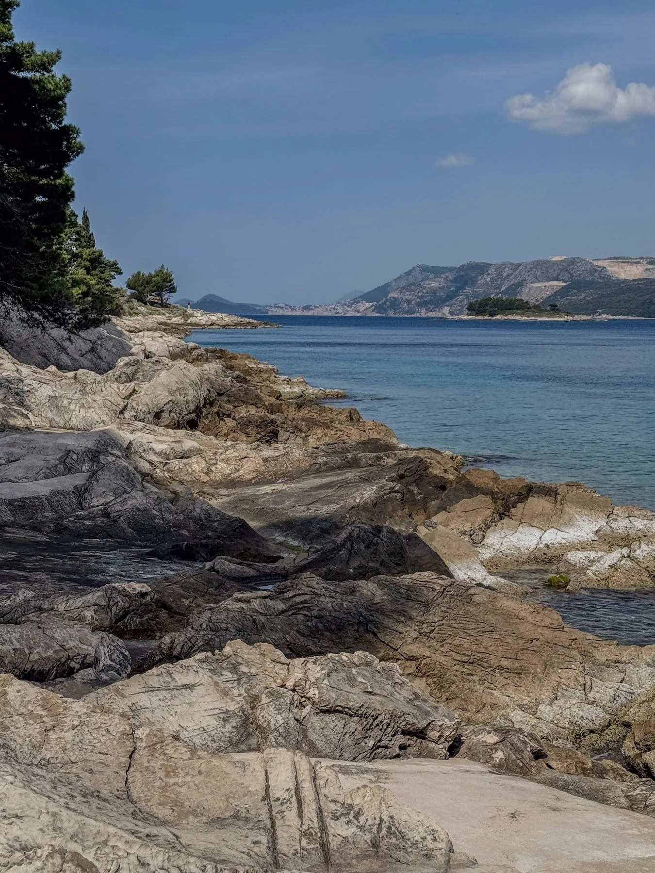 Rocky shoreline on the Cavtat peninsula with the Adriatic Sea and distant mountains.