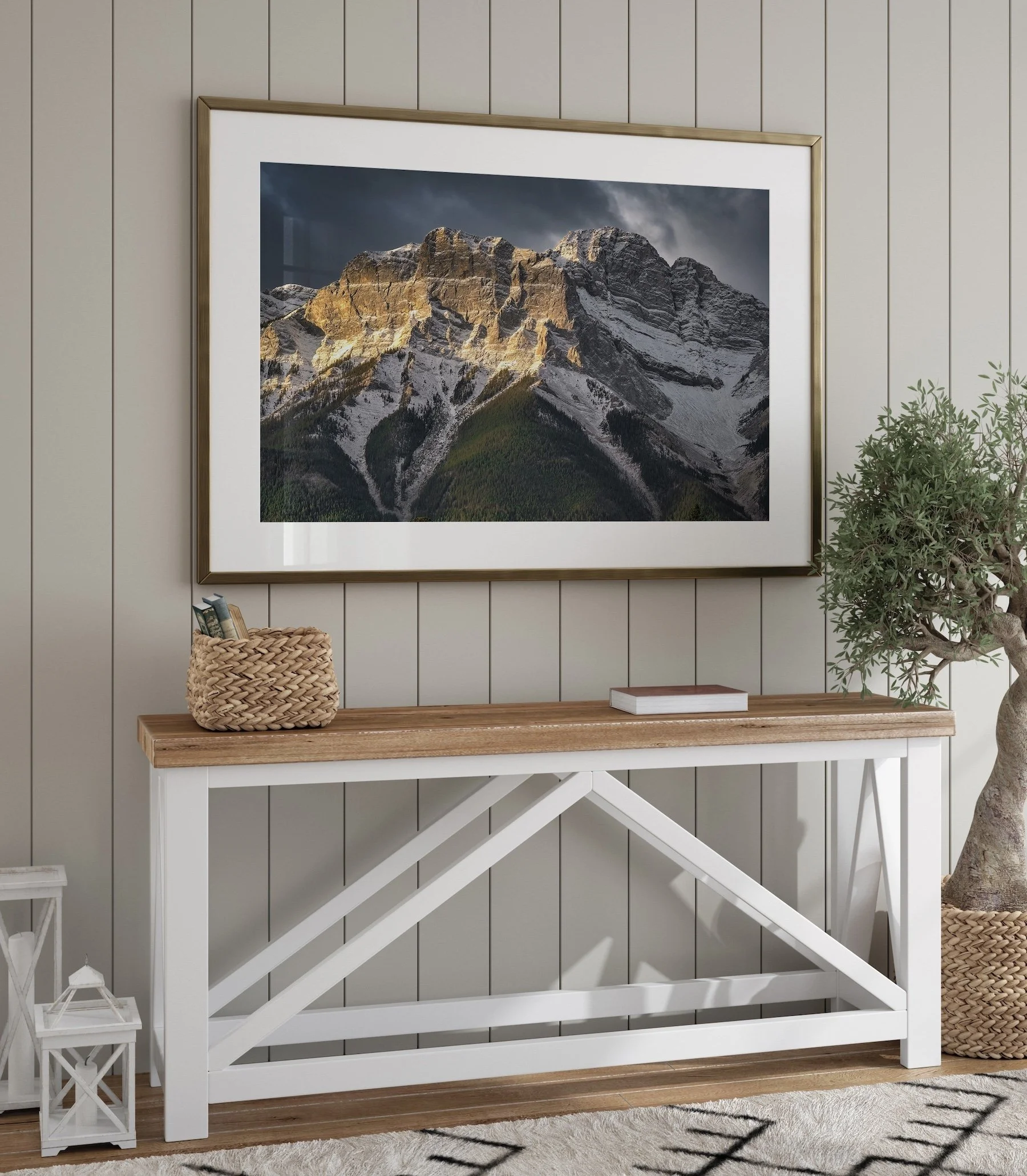 Canmore at Dawn framed print over side table.jpg