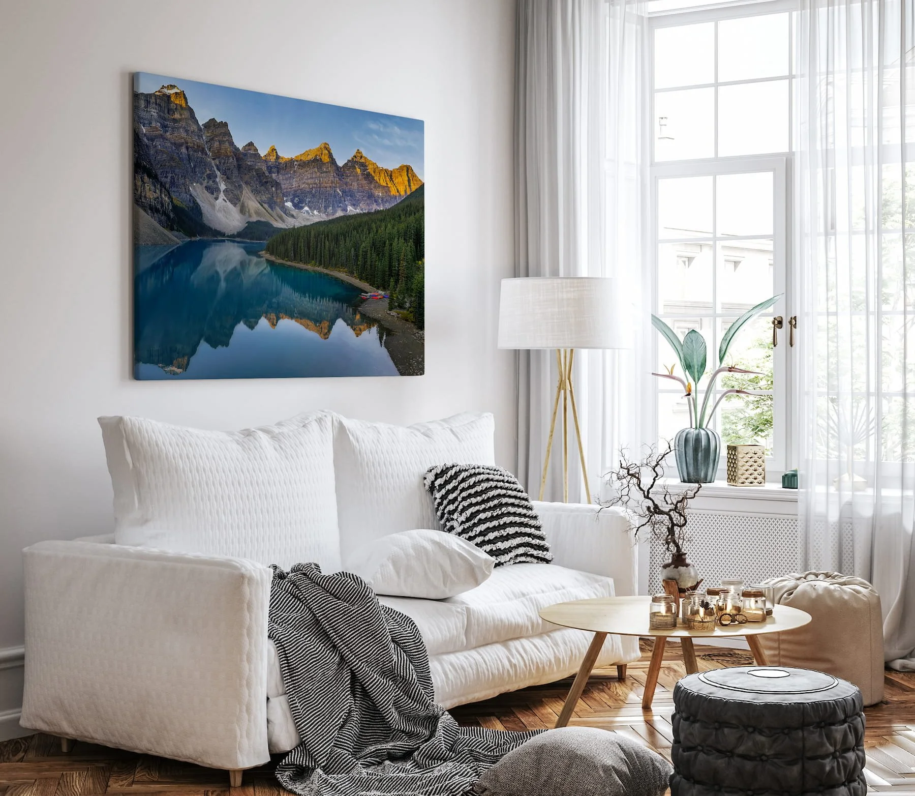 Moraine Lake Stillness large canvas print over white sofa in modern living room..jpg