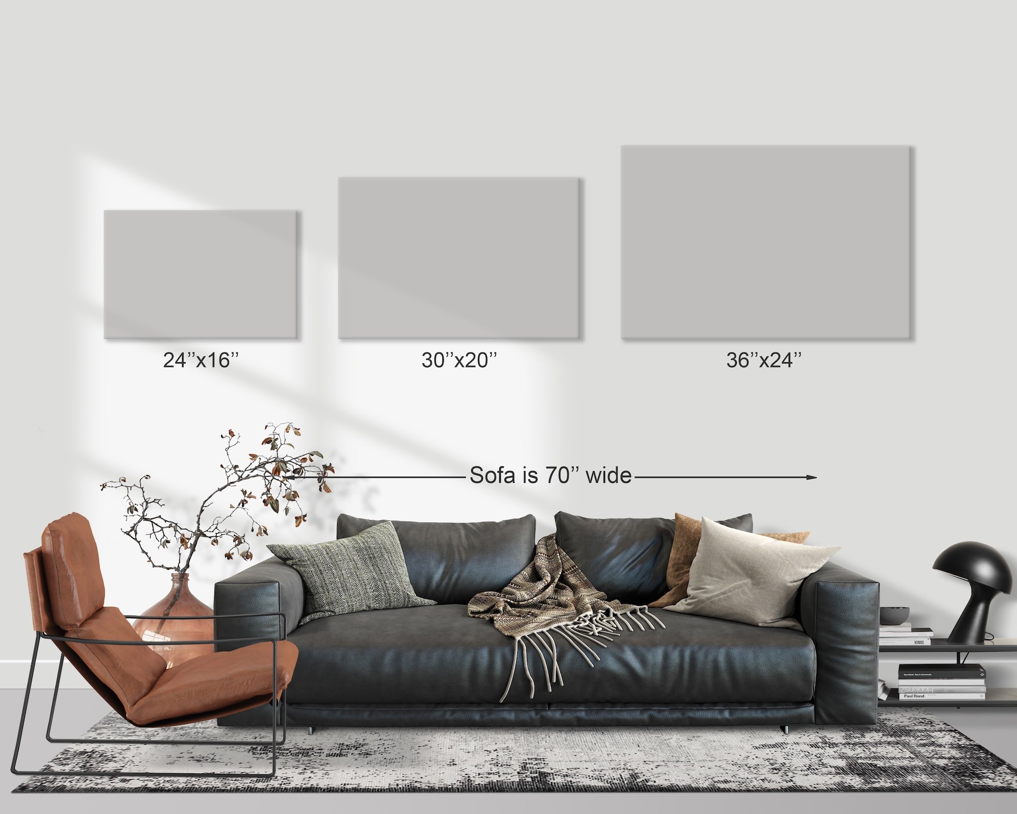 Fine art print sizing comparison guide showing 24x16, 30x20, and 36x24 inch canvas formats hanging on a wall above a contemporary 70-inch leather sofa
