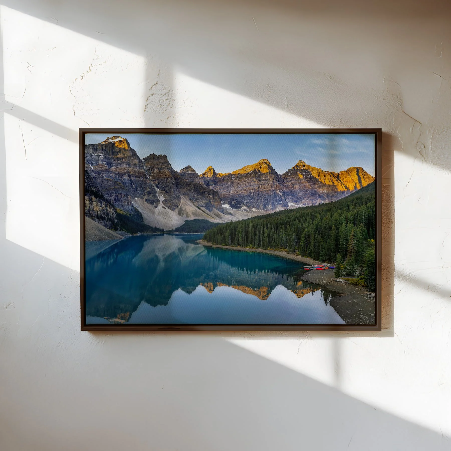 Moraine Lake Stillness fine art canvas print in slim espresso float frame on white textured wall..jpg