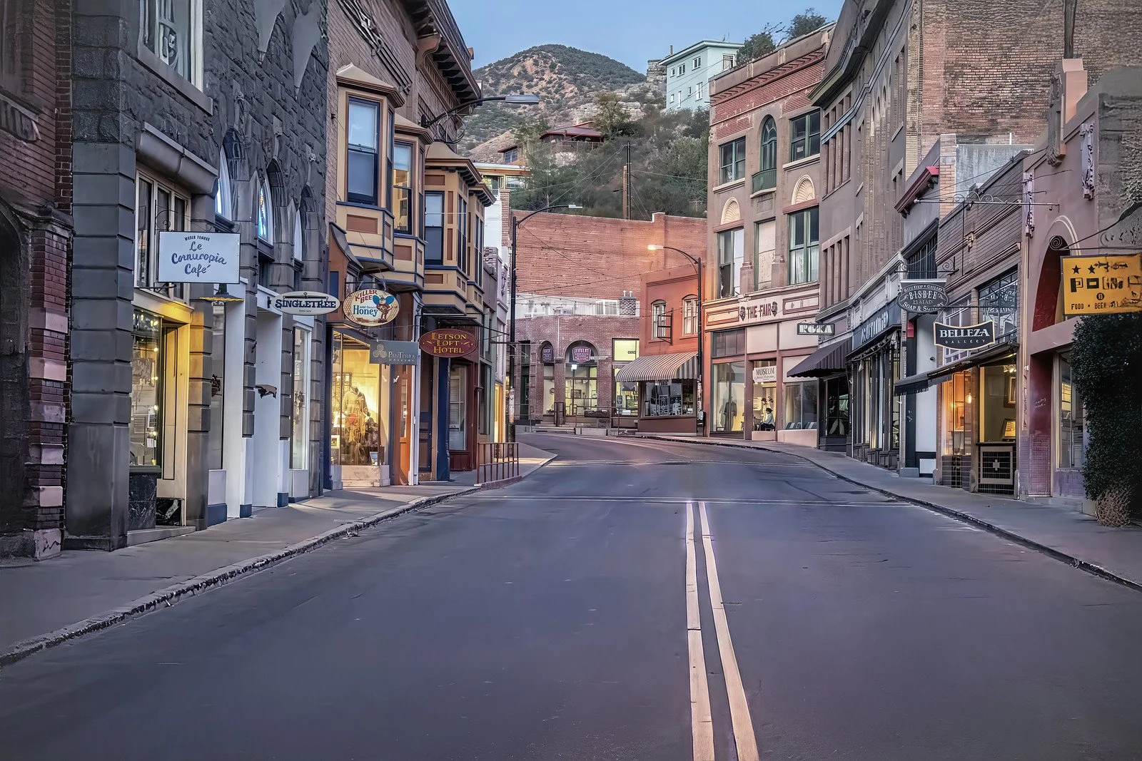 Architectural details and storefront textures along a historic street in Bisbee, Arizona.