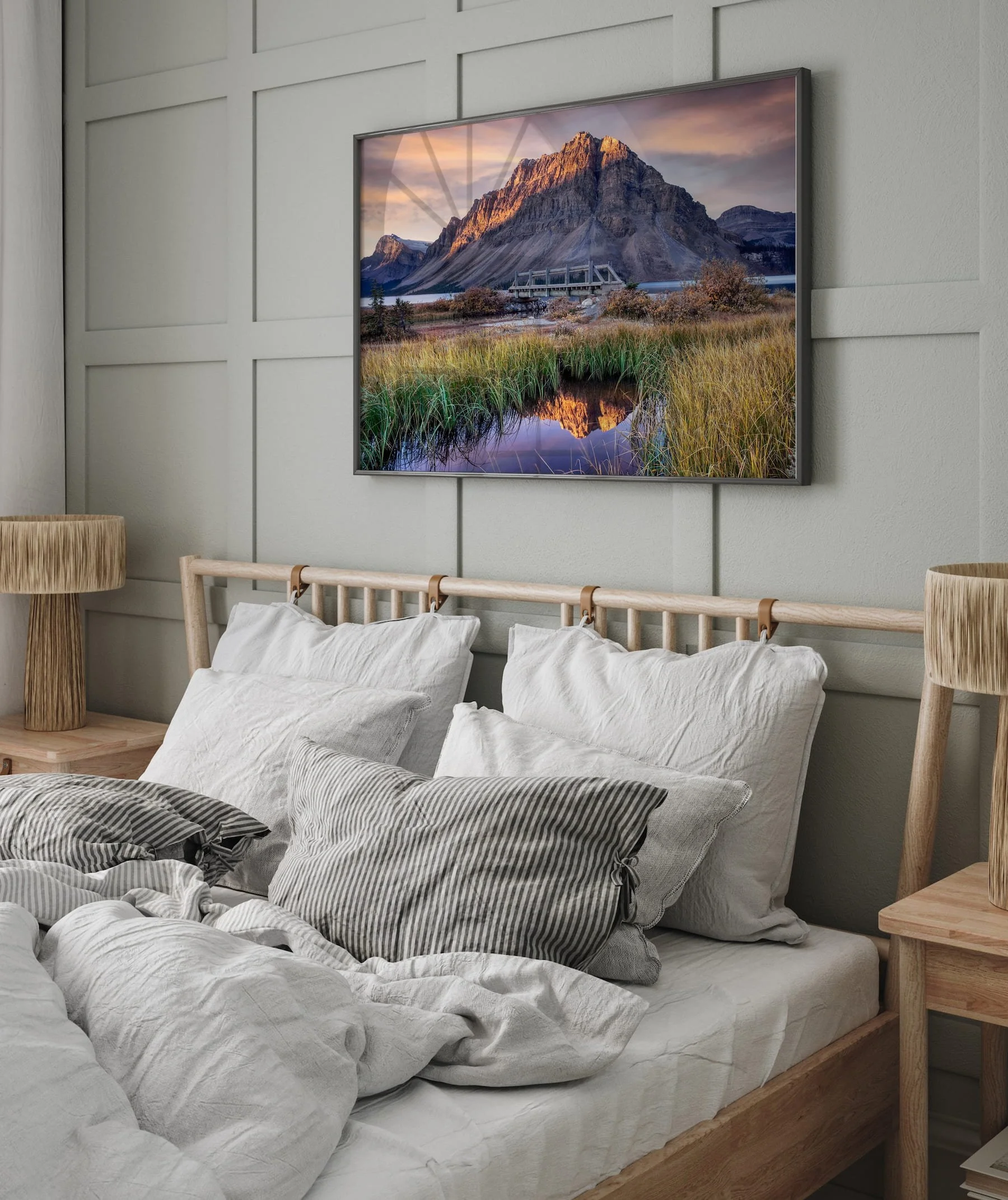 Bow Lake at Dawn large print framed in a bedroom.
