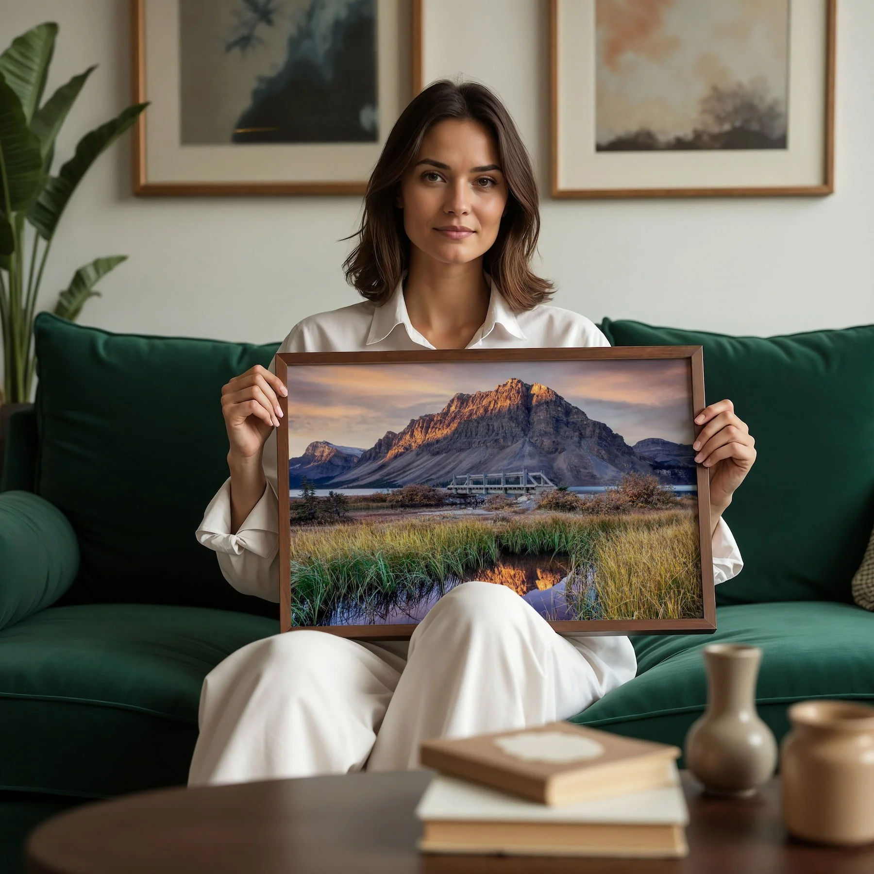 Woman sitting on a dark green sofa holding a framed Bow Lake at Dawn fine art print with a walnut frame, shown in a cozy, art-filled living room.