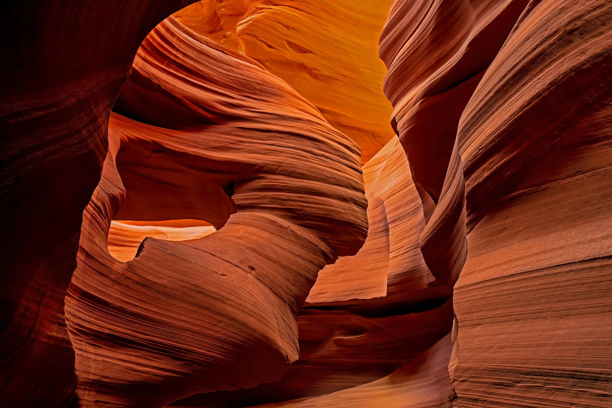 Abstract fine art landscape photography of the sweeping, fluid orange and red sandstone curves inside Lower Antelope Canyon in Arizona, capturing the natural rock silhouette of a woman's profile with hair blowing in the wind.