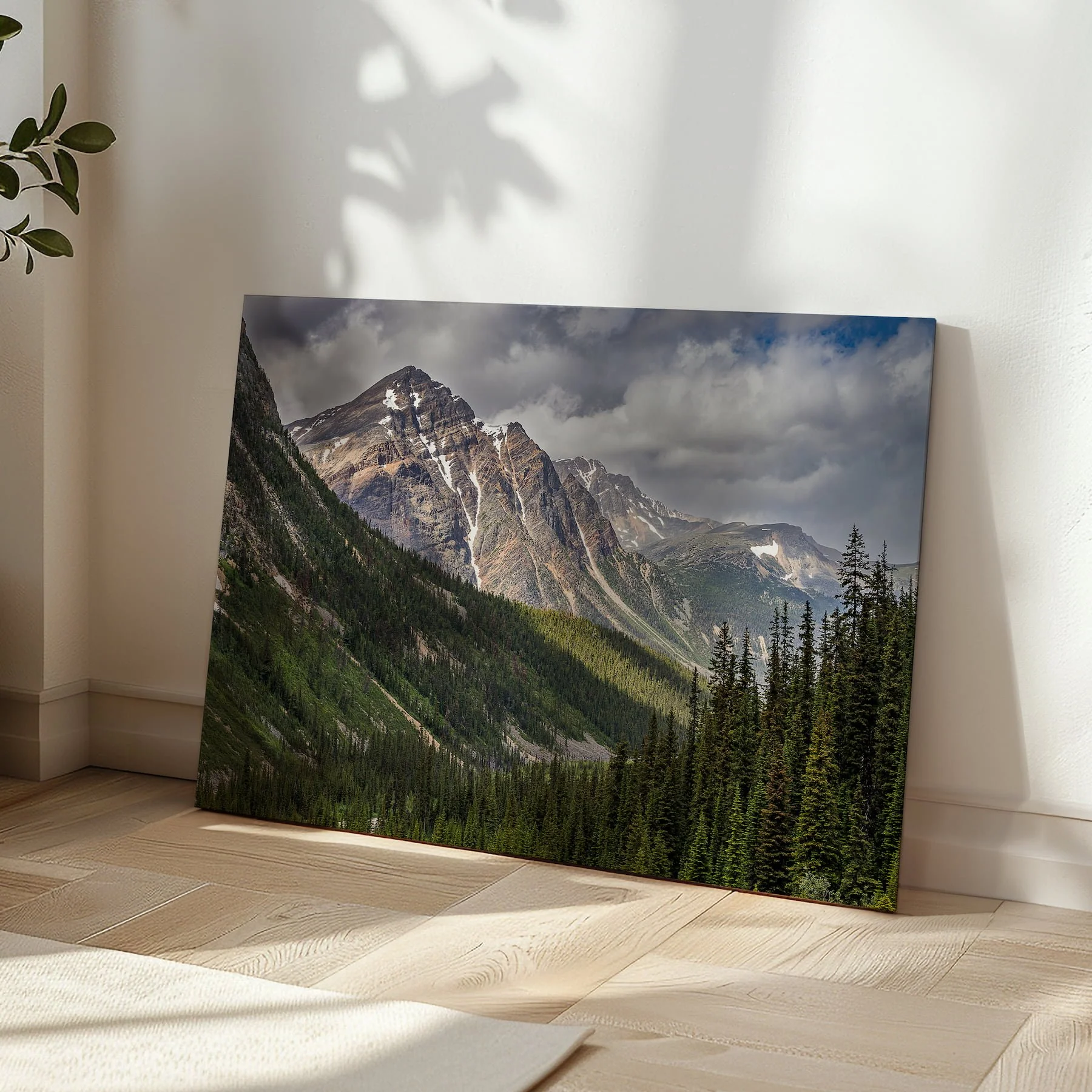 Path of the Glacier gallery-wrapped fine art canvas print leaning in a sunlit room corner on herringbone hardwood flooring, with soft leaf shadows on the wall beside it.