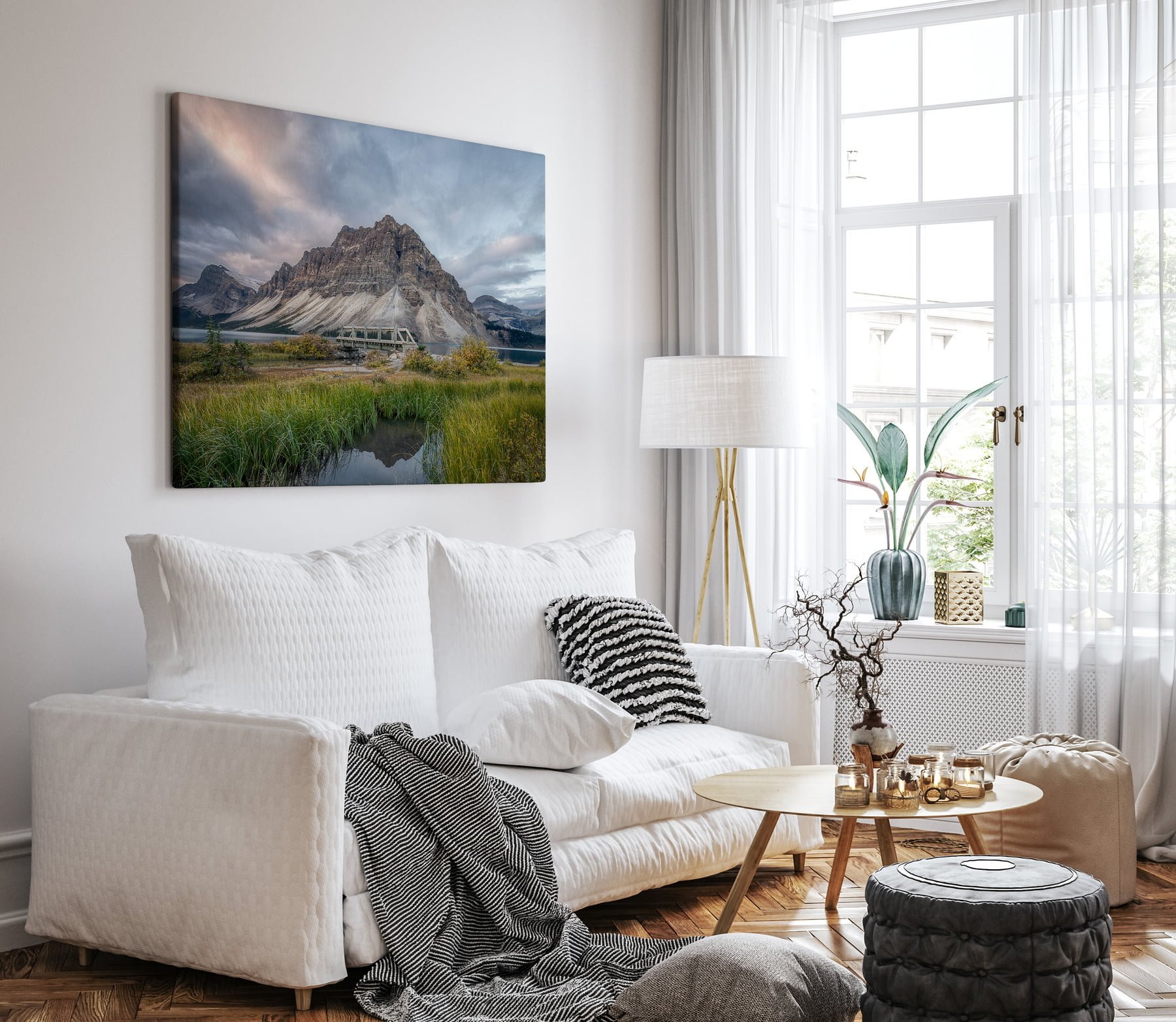 Light over Bow Lake large canvas over white sofa in modern bright living room.jpg