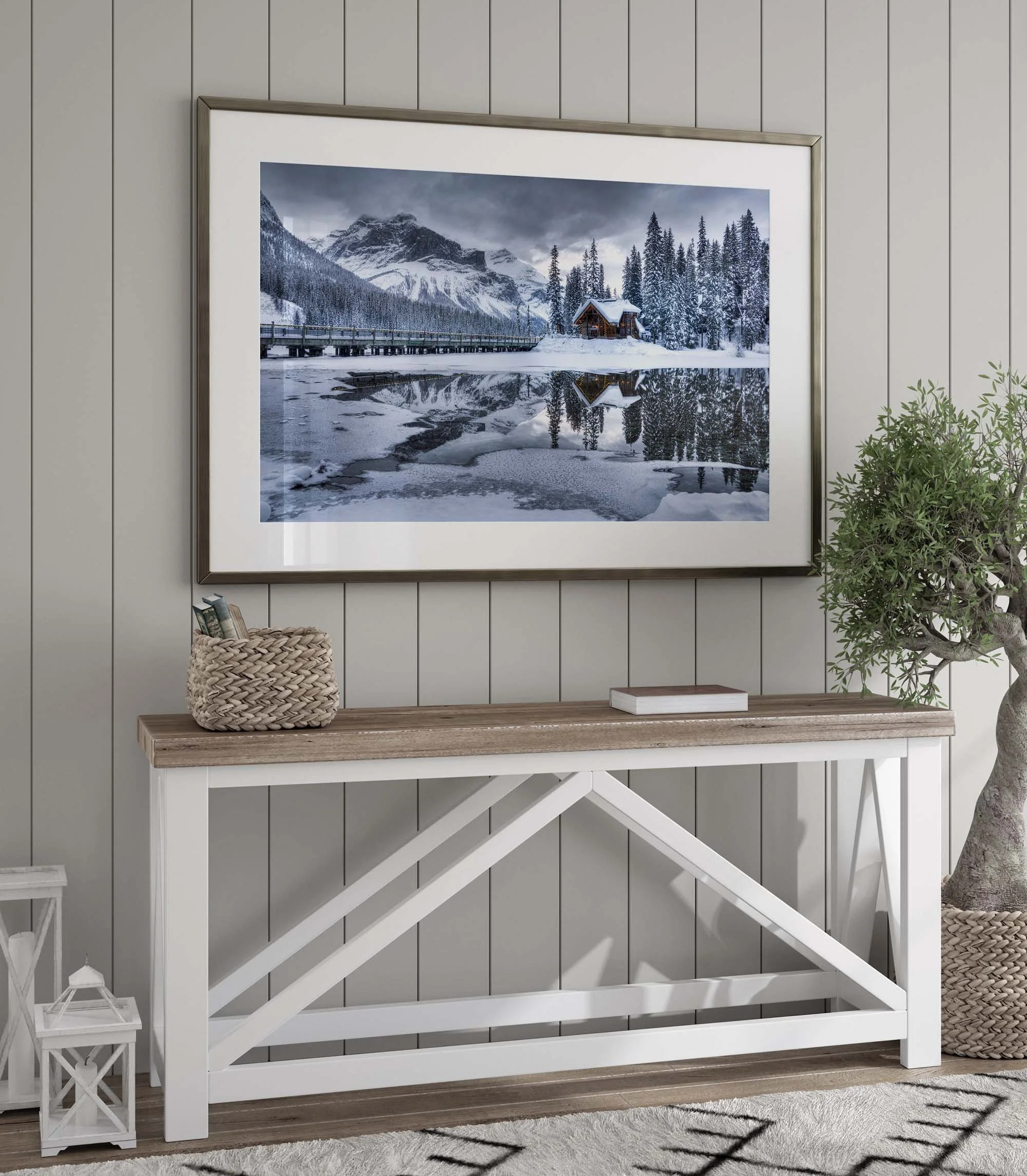 Emerald Lake Lodge Winter framed print over side table.jpg