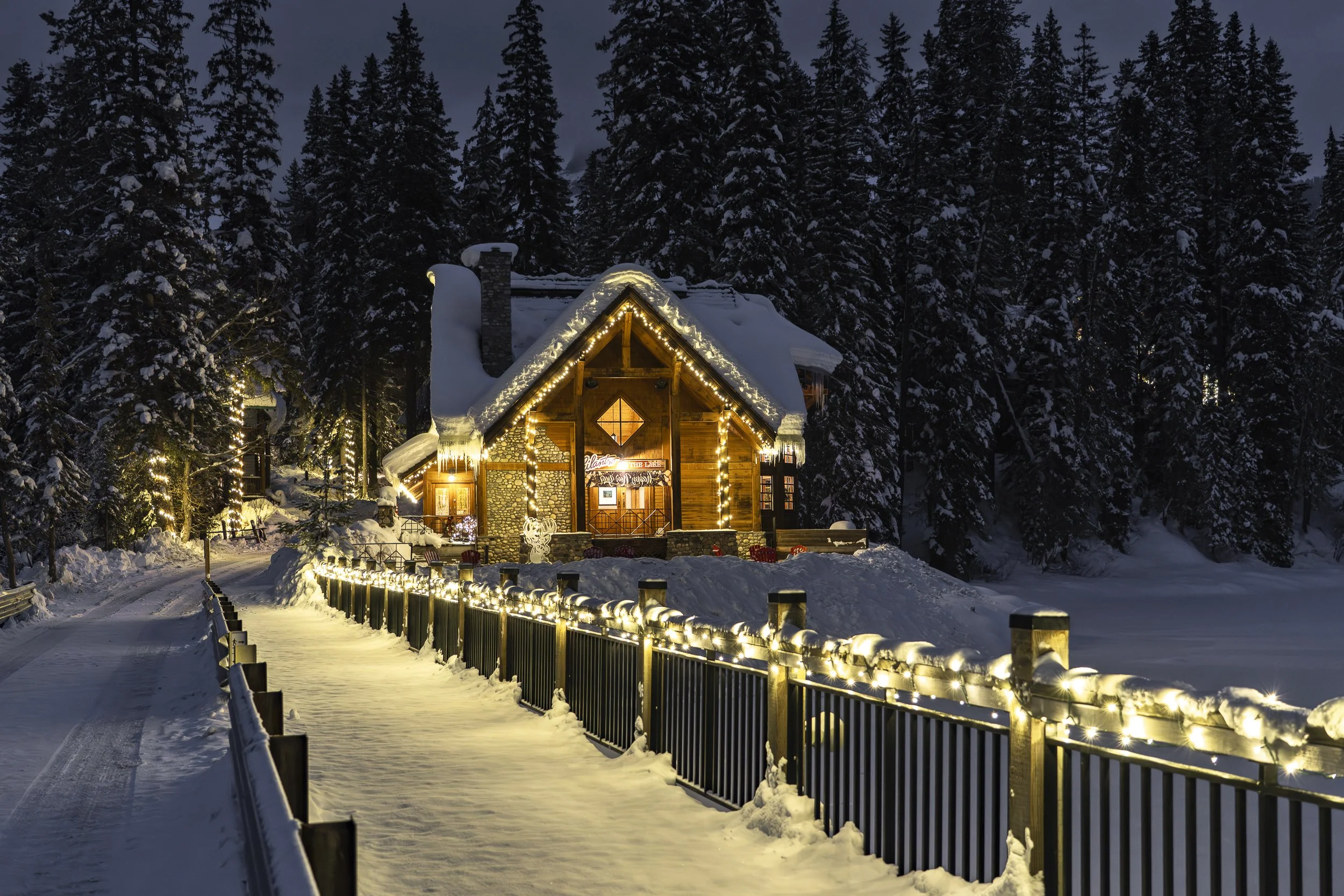 Snowy walkway with string lights leading toward Cilantro on the Lake on a winter evening.