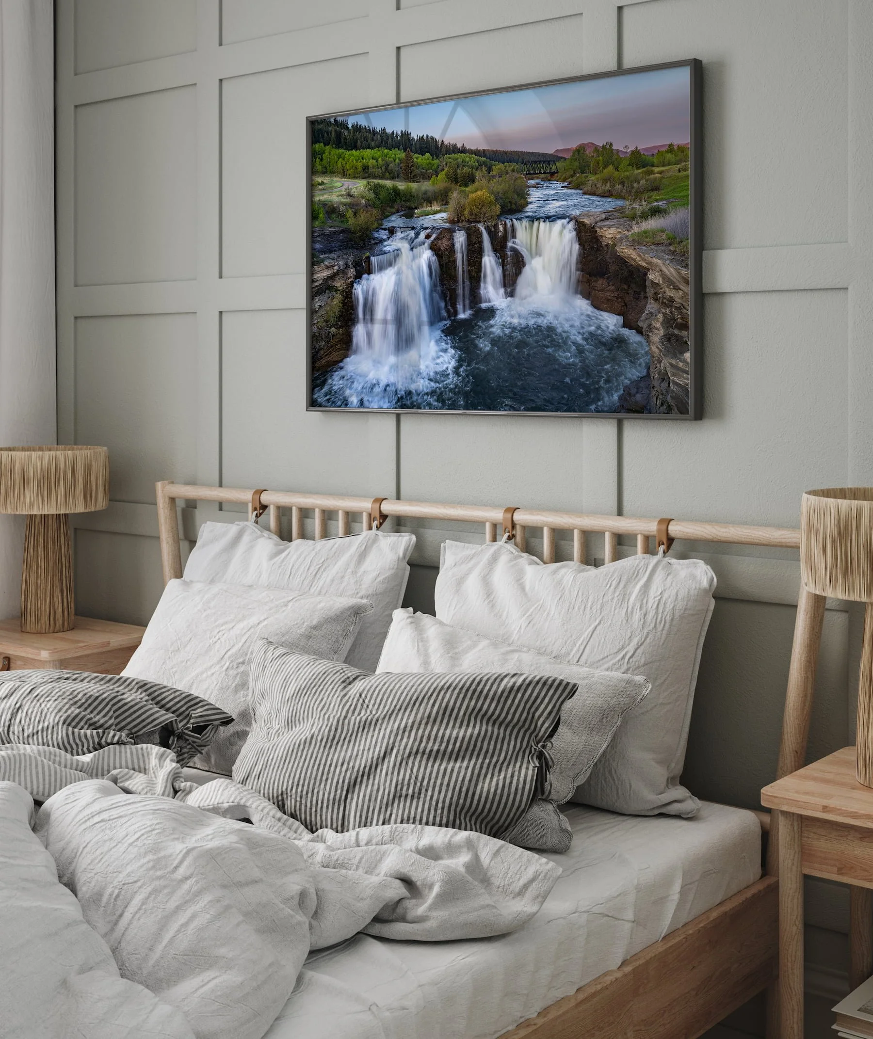 Lundbreck Falls Morning Light framed fine art print on bedroom wall.jpg