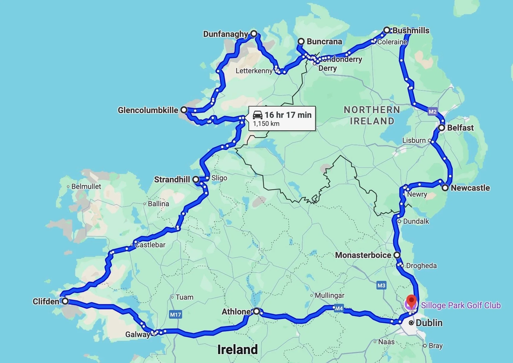 Driving map for 21 days in northern half of Ireland