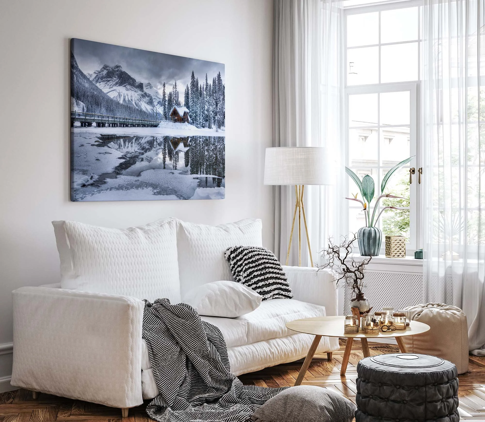 Emerald Lake Lodge Winter large canvas wrap in bright, white living room.jpg