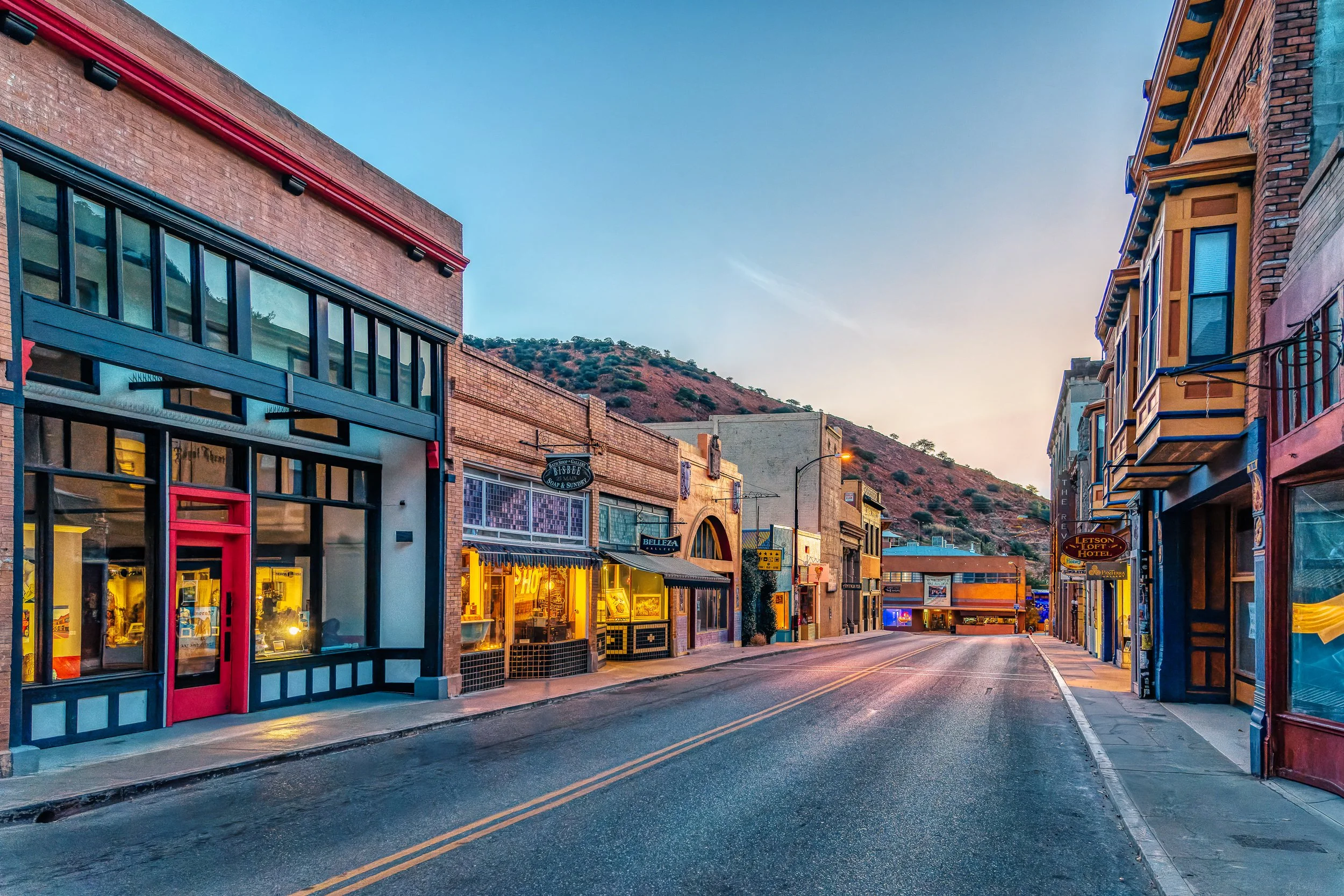 Stylized view of main street in the early morning glow
