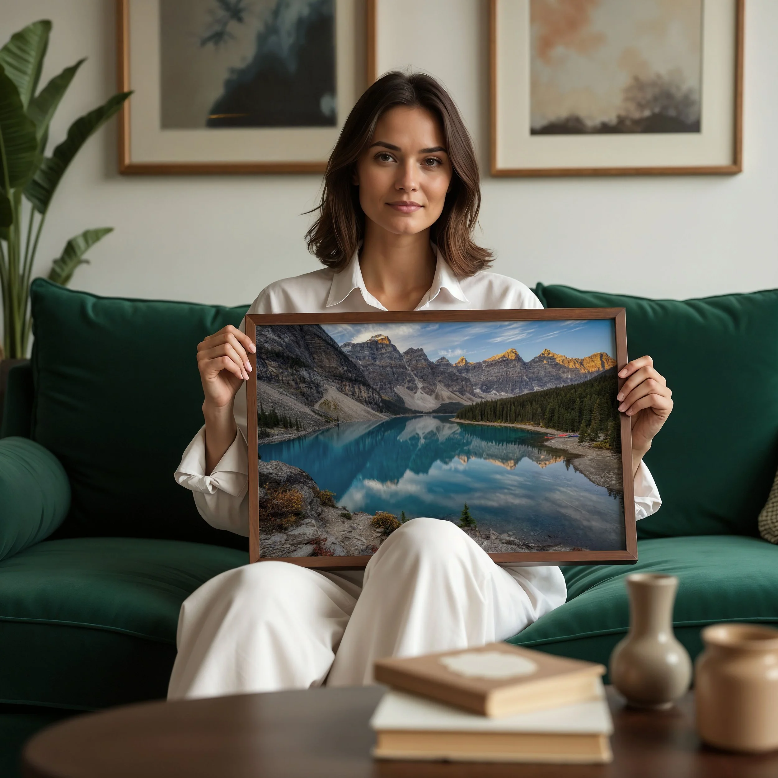 Woman sitting on a dark green sofa holding a framed Moraine Lake Sunrise canvas print with a walnut frame, shown in a cozy, art-filled living room.
