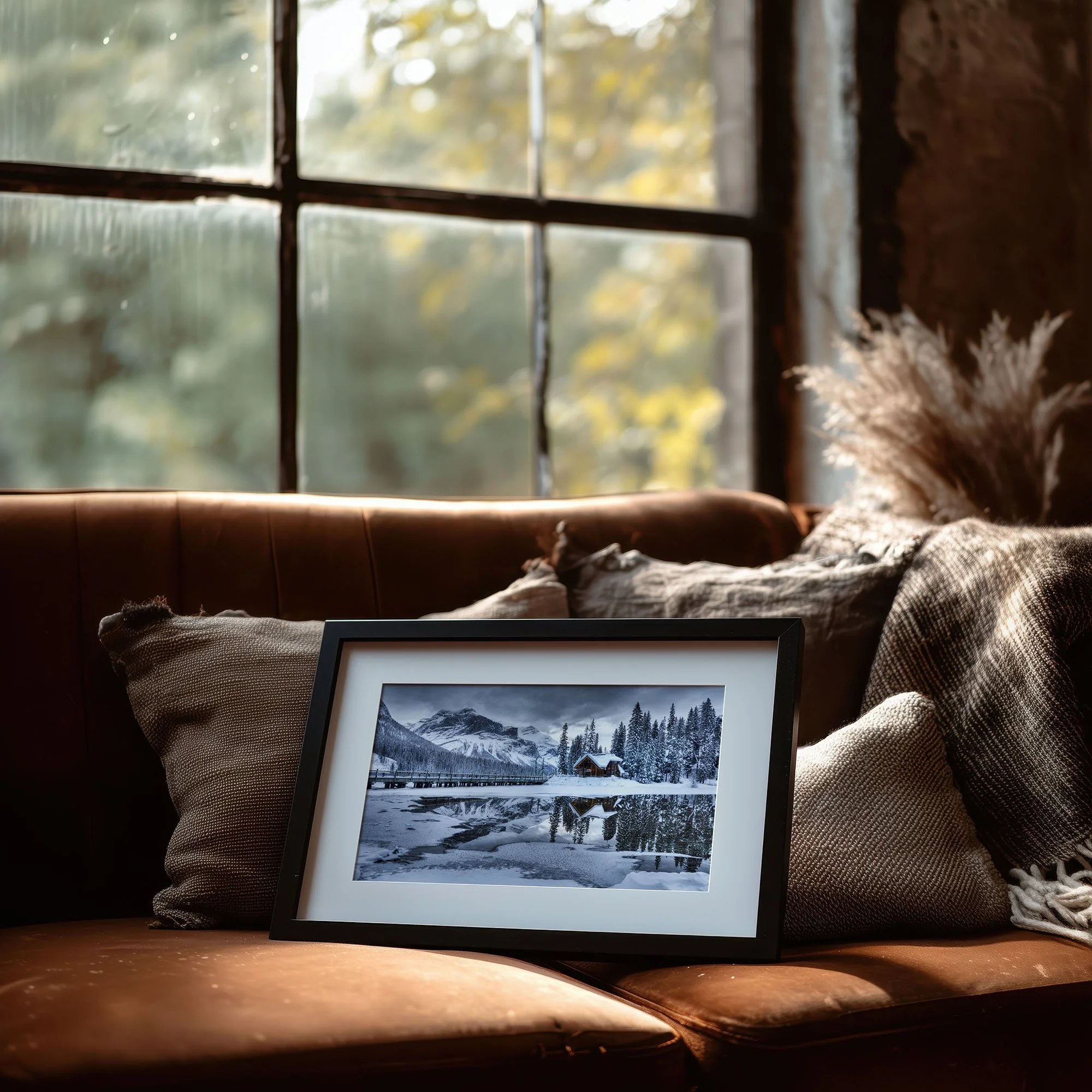 Emerald Lake Lodge Winter frame print with mat on sofa.jpg