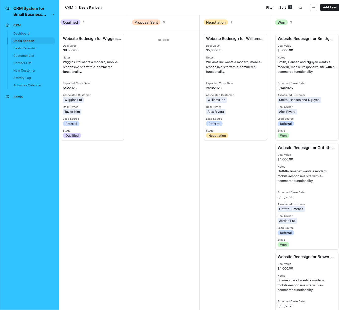 CRM - Deals Kanban