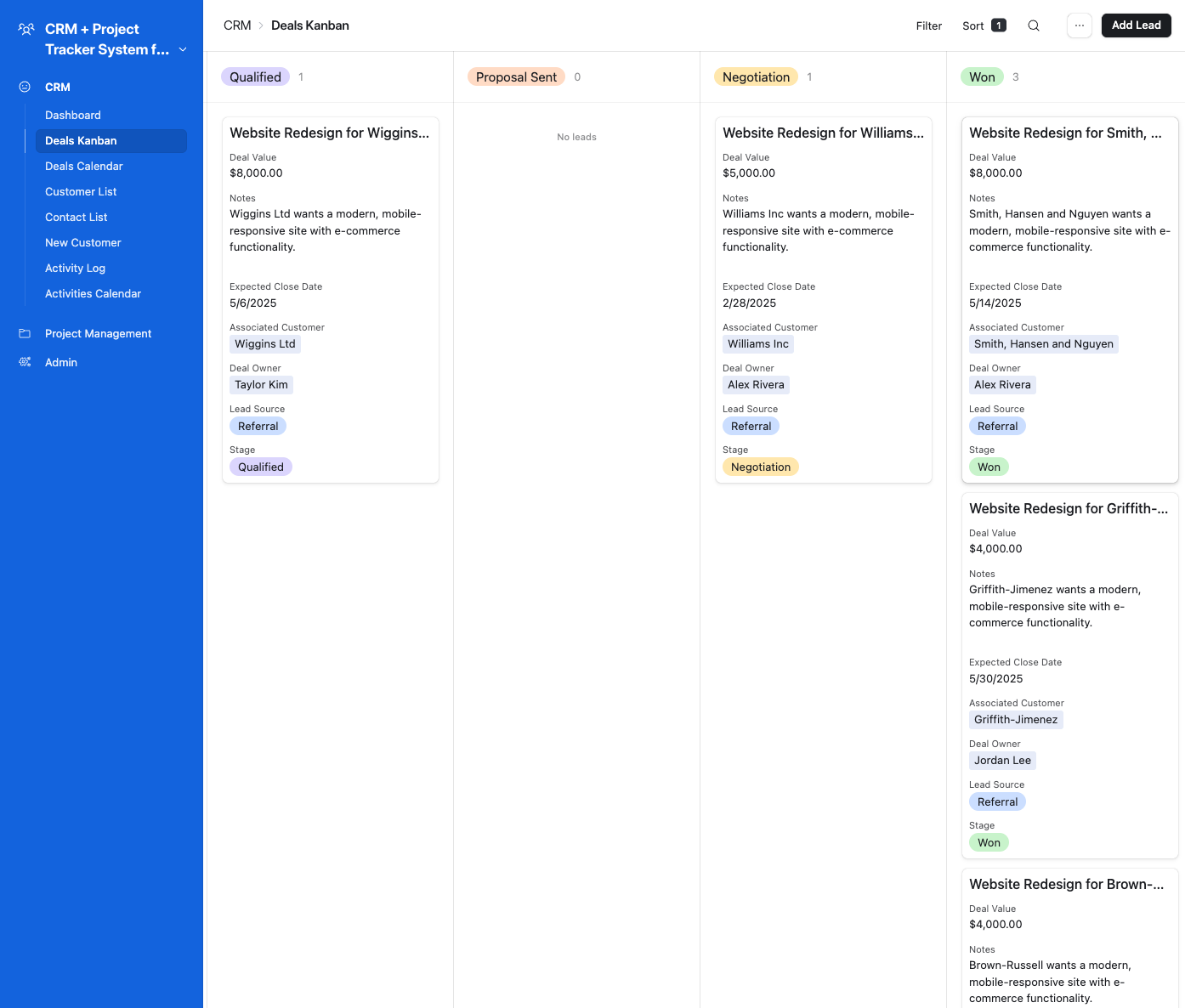 CRM + Project Management - Deals Kanban