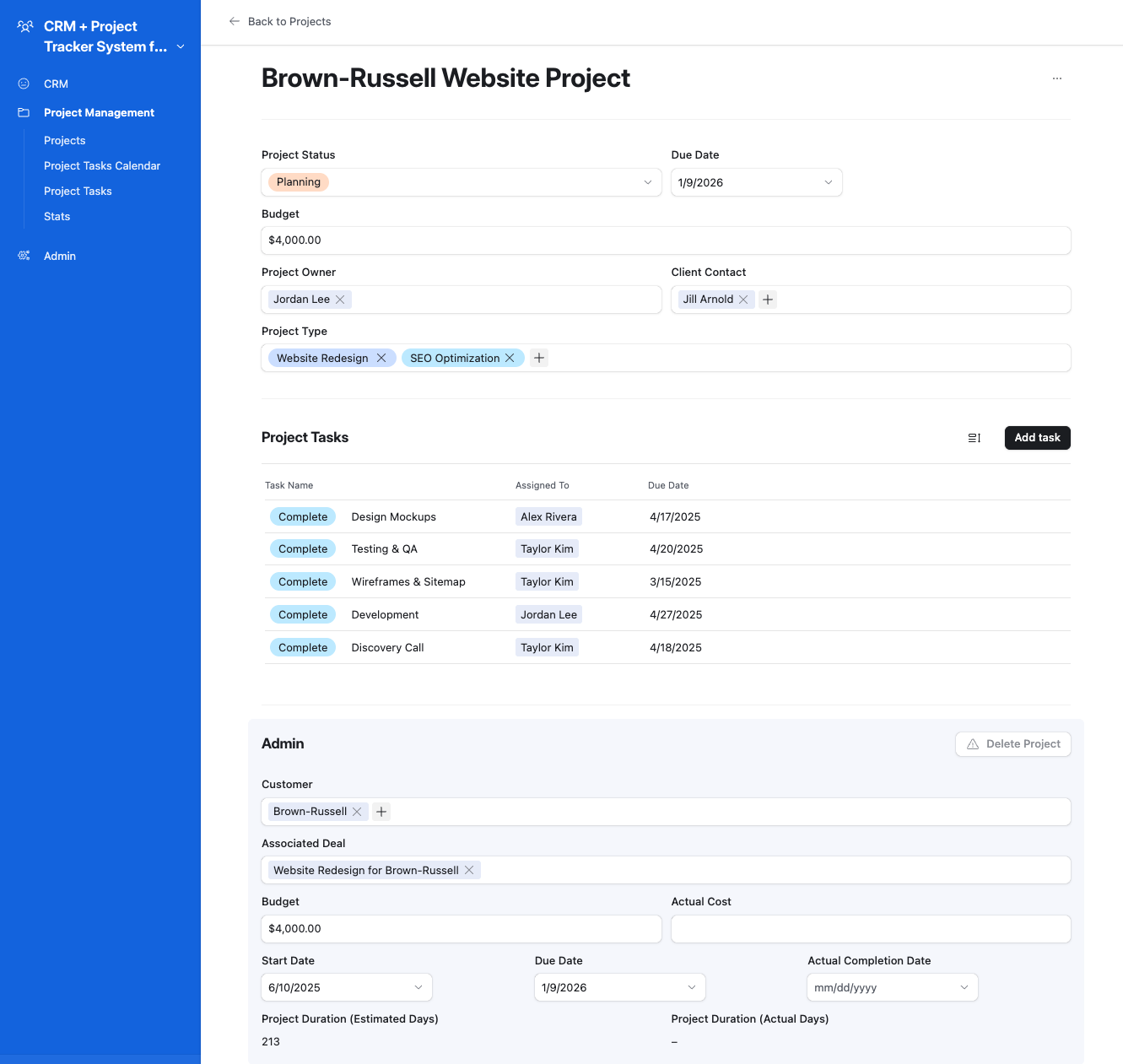 CRM + Project Management - Project Details