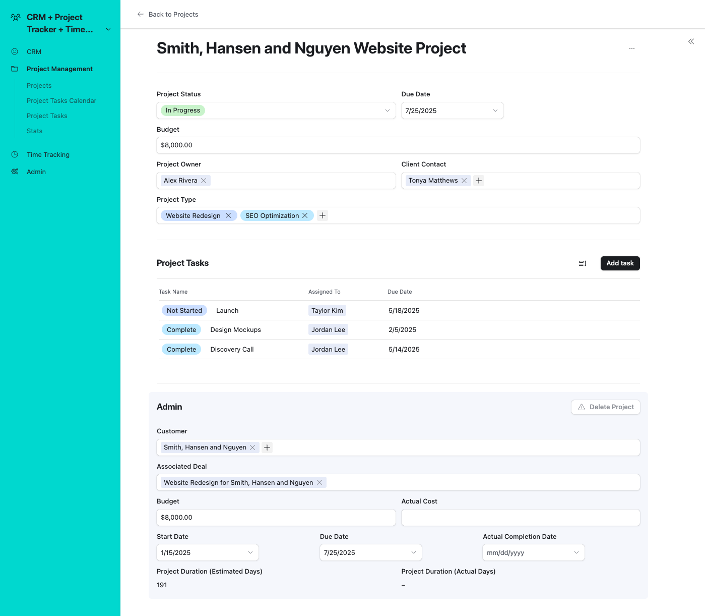 CRM + Project Management + Time Tracker - Project Details