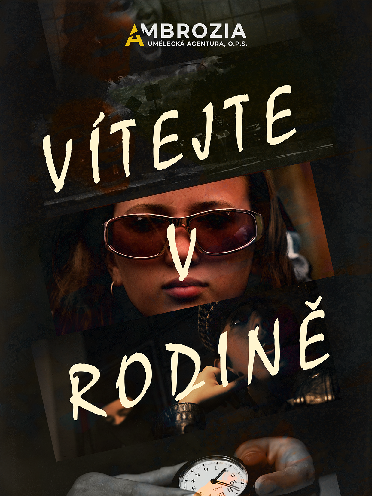 Collage of images with a woman wearing sunglasses, a person holding a pocket watch, and abstract elements. Text reads 'Vítejte v rodině', which means 'Welcome to the family' in Czech.