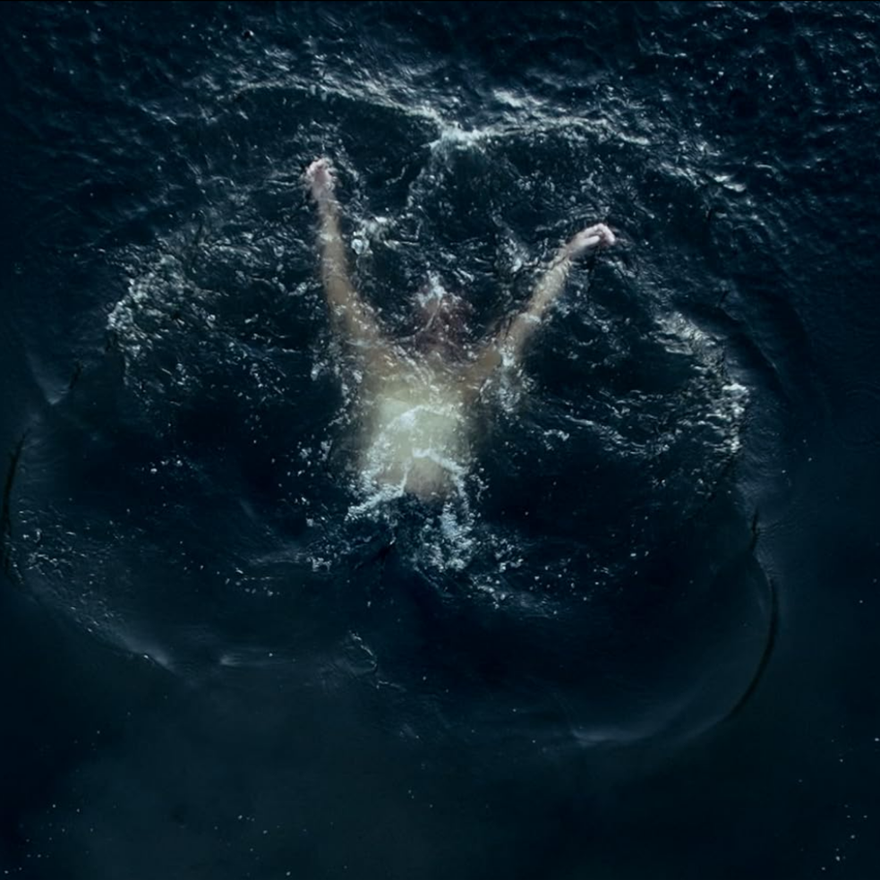 A person swimming underwater near a large shark in dark ocean water.