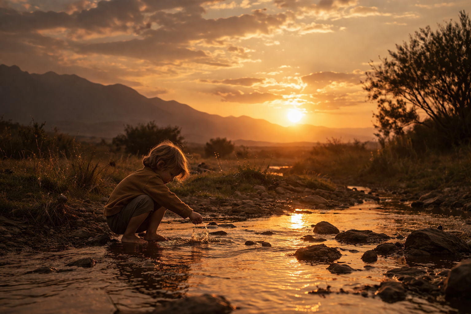 A young child squatting barefoot by a shallow creek at sunset, with mountains and trees in the background, capturing a moment of play and reflection in a natural outdoor setting.