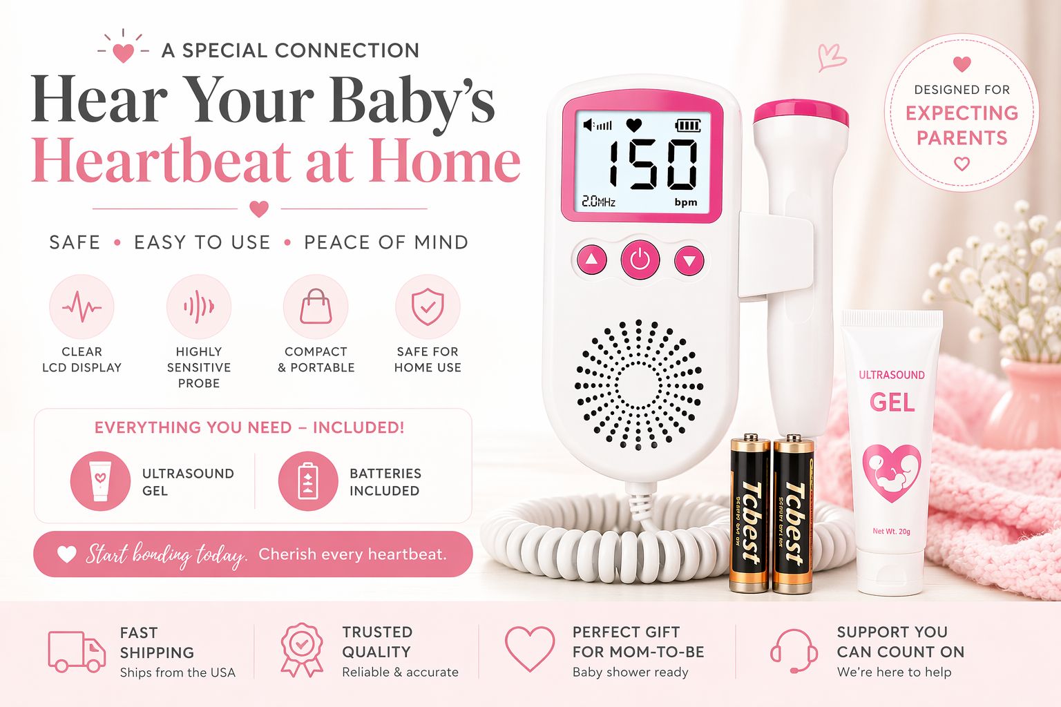 At-Home Fetal Doppler Baby Heartbeat Monitor – Complete Kit w/ Gel & Batteries