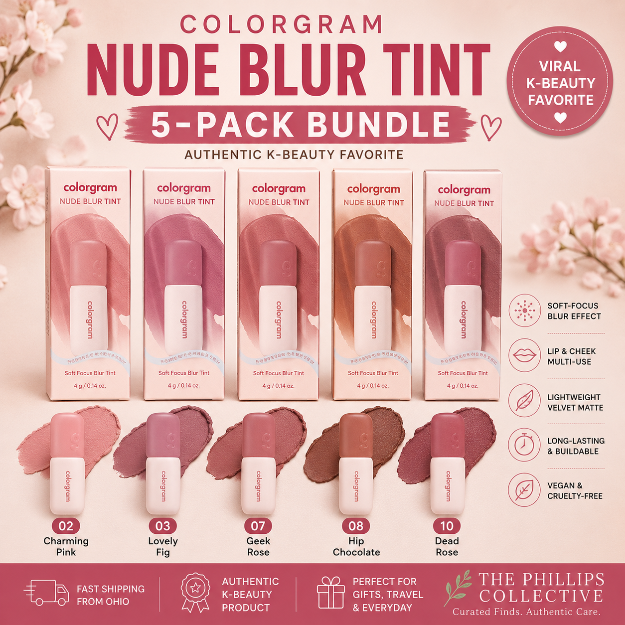 💋 Colorgram Nude Blur Lip & Cheek Tint Individual Shade or 5-Pack Bundle | Authentic K-Beauty Collection