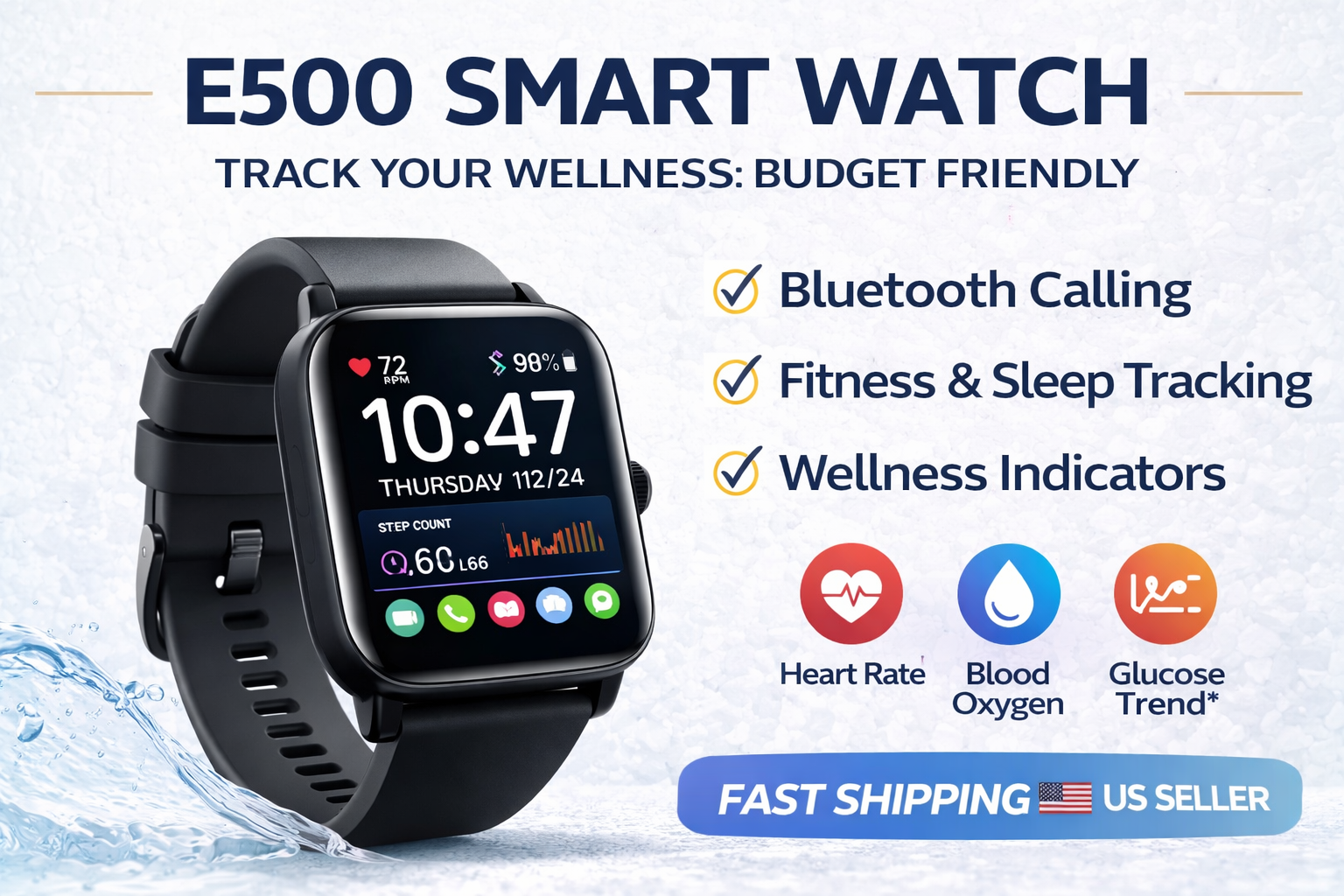 NON-INVASIVE BLOOD SUGAR MONITORING Smart Watch E500 – Black Fitness & Health Tracker with ECG, Blood Pressure, Blood Oxygen, and More