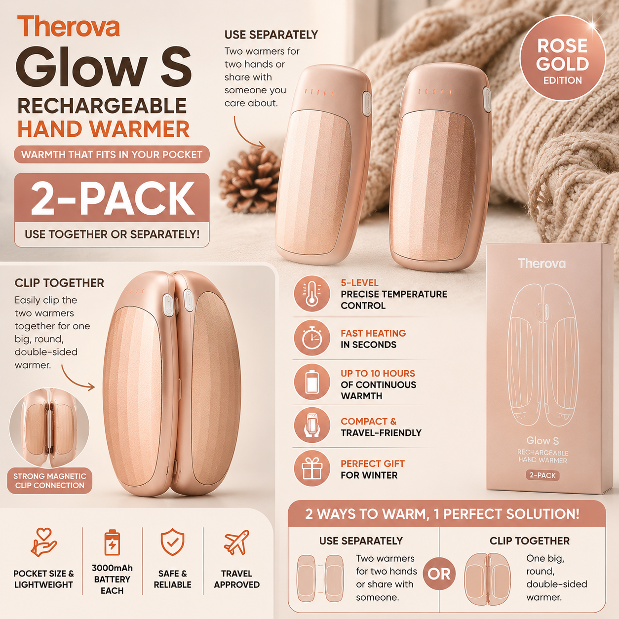 Therova Glow S Rechargeable Hand Warmer - Rose Gold Edition