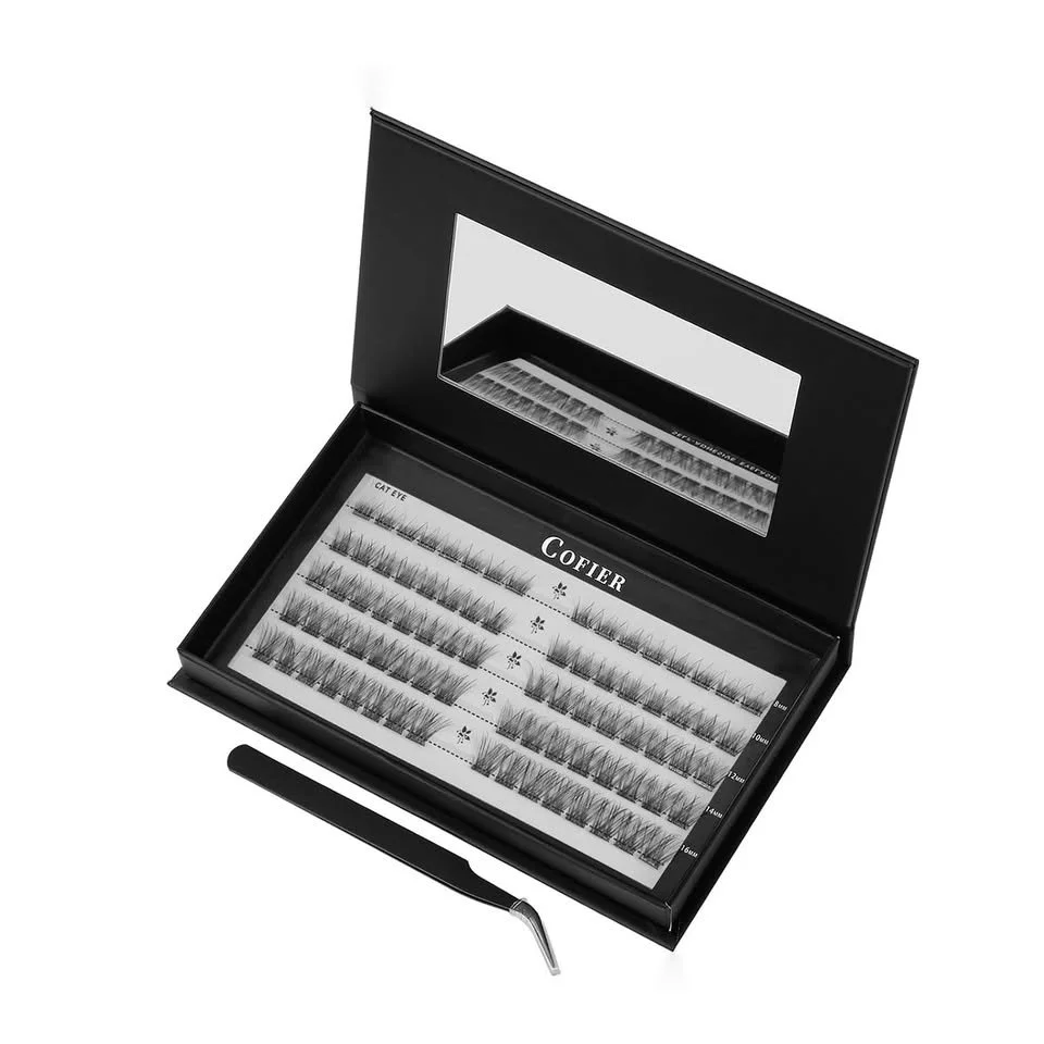 COFIER No-Glue Cat Eye Lash Kit – Self-Adhesive Lash Clusters with Tweezers & Curler