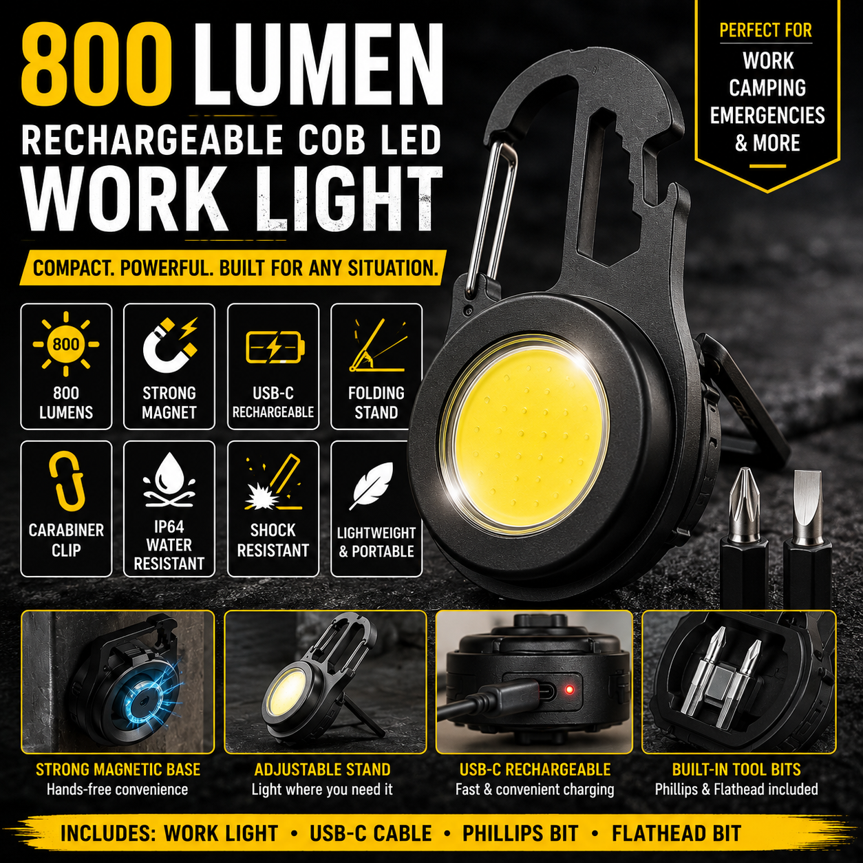 800-Lumen Rechargeable COB LED Work Light