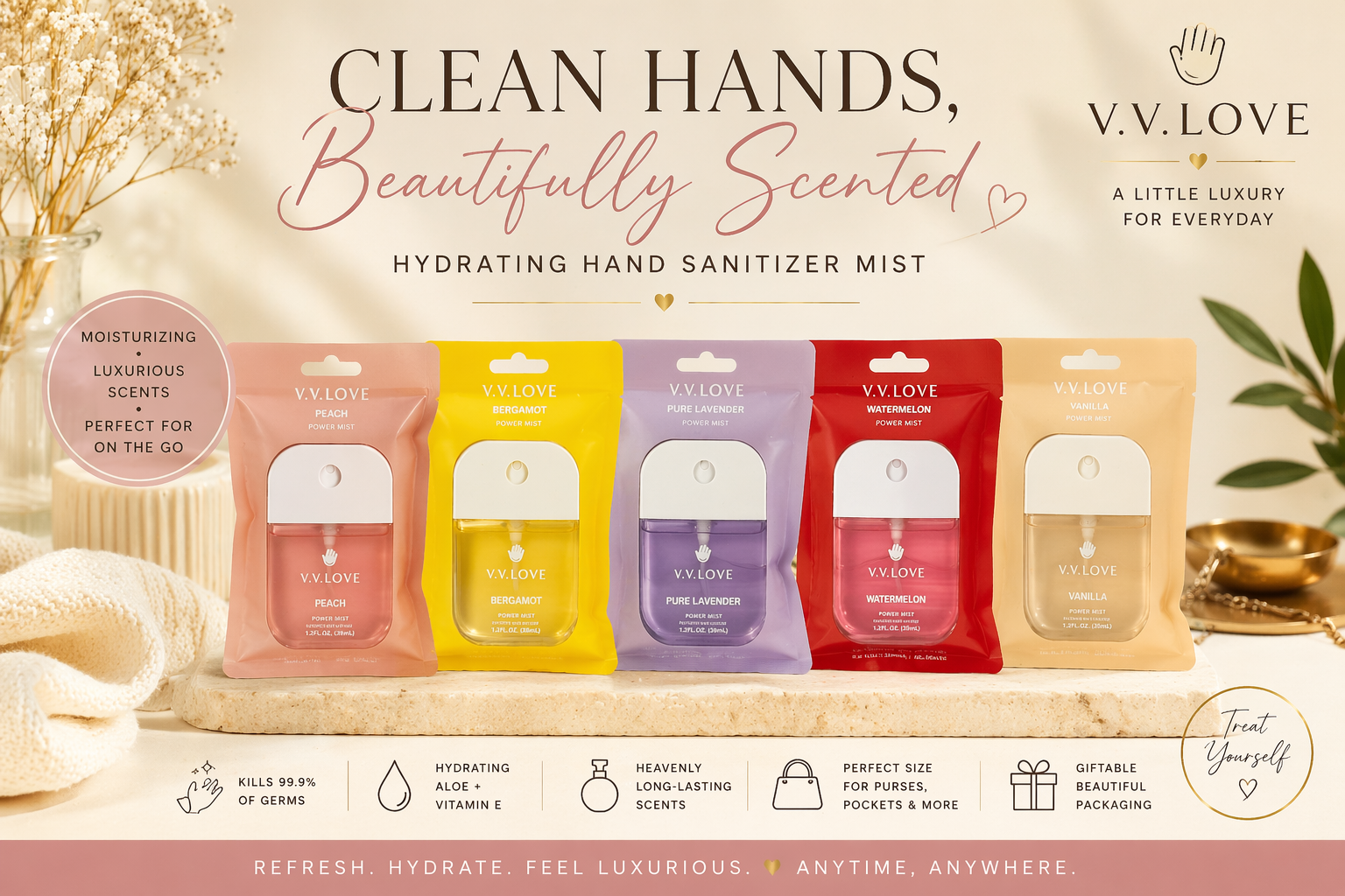 V.V. Love Hydrating Hand Sanitizer Spray – Luxury Moisturizing Mist (Peach, Vanilla, Lavender, Watermelon, Bergamot)