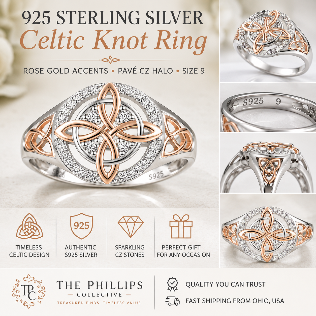 Timeless Elegance: Sterling Silver & Rose Gold Celtic Knot Ring