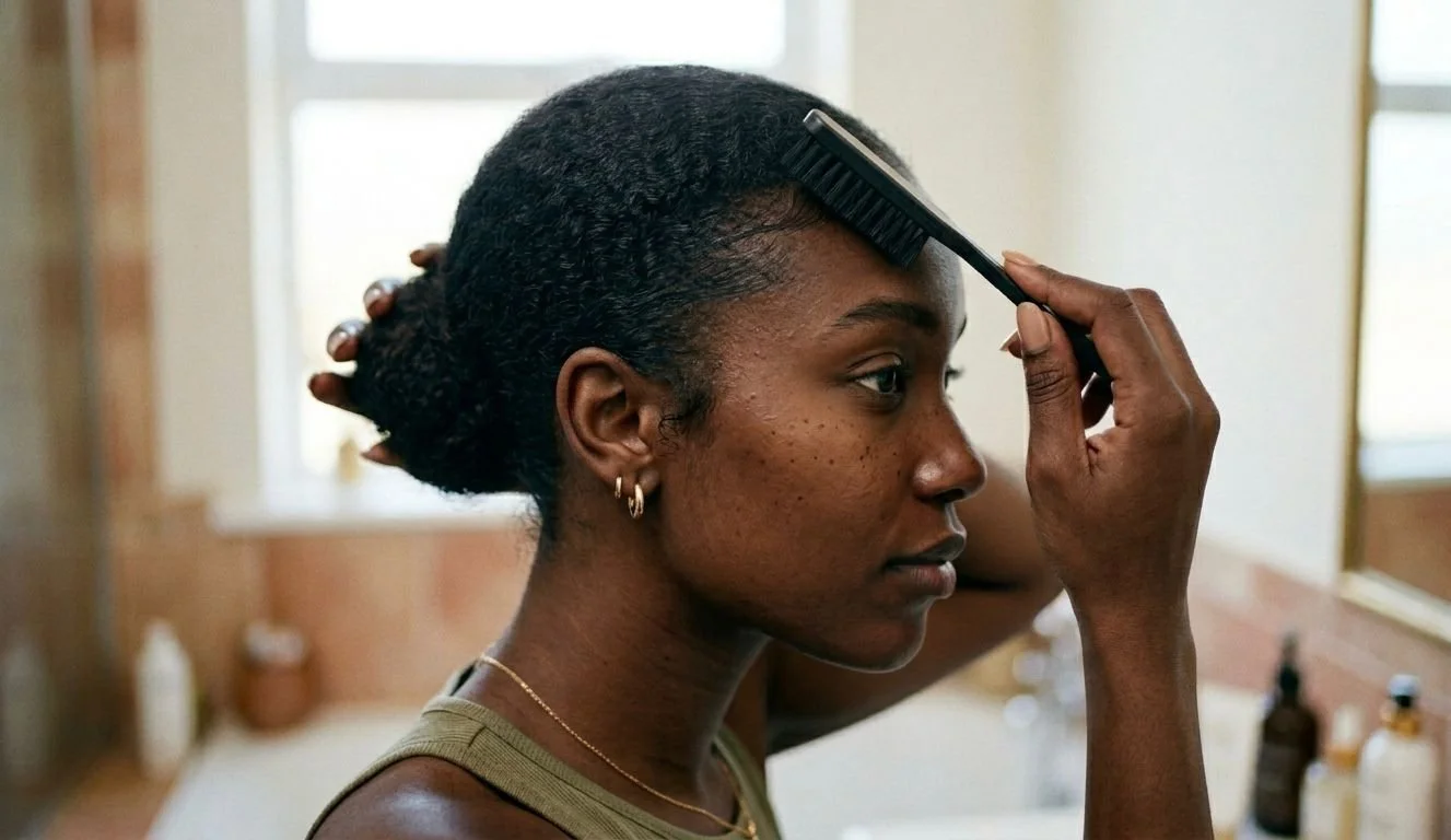 Black woman styling edges (baby hairs) with an edge control brush in bathroom as part of natural hair grooming routine.