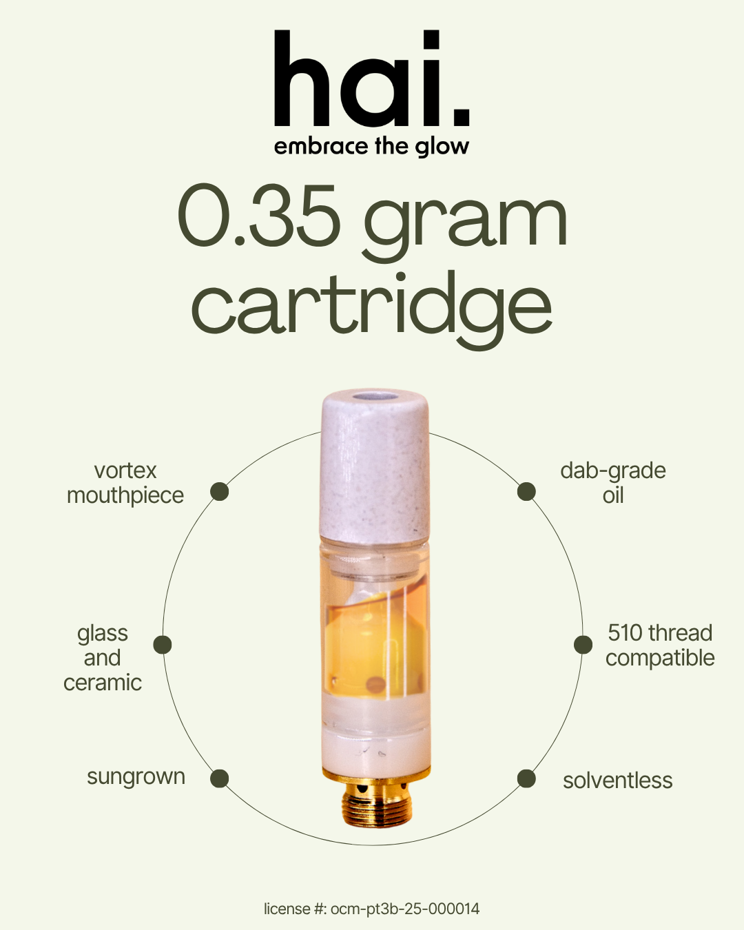 hai. 0.35g live rosin 510 cartridge with glass and ceramic hardware, vortex mouthpiece, dab-grade oil, 510 thread compatibility, sungrown and solventless features.