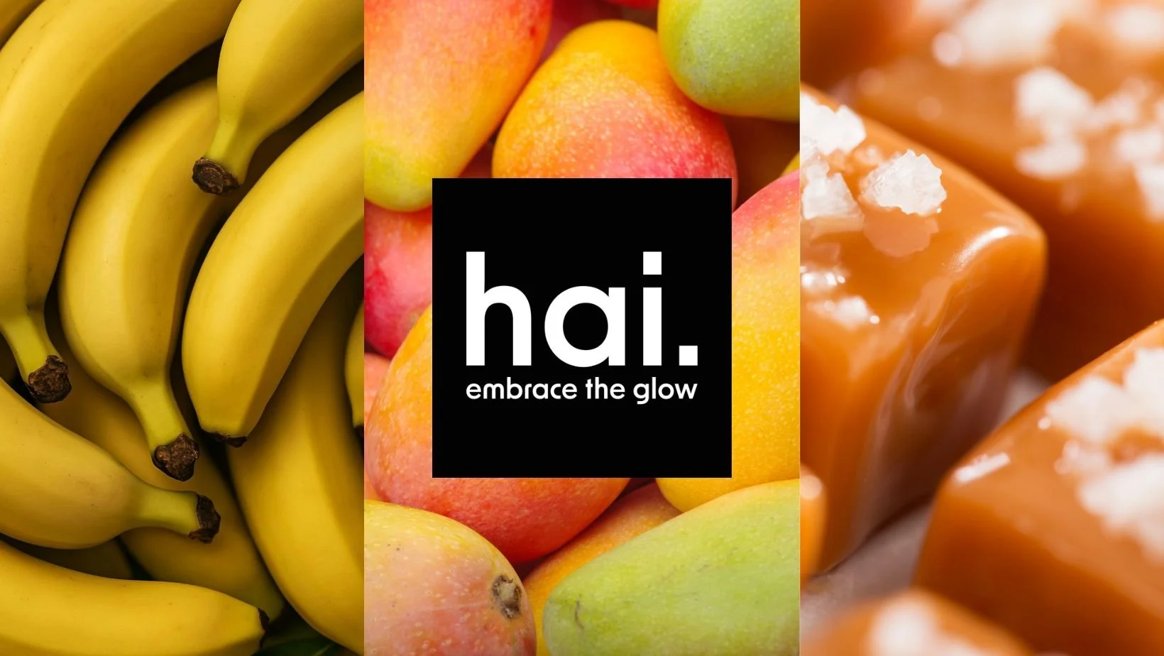 hai. flavor profile collage featuring bananas, ripe mangoes, and salted caramel-inspired cubes, with the hai. logo centered on a black background.