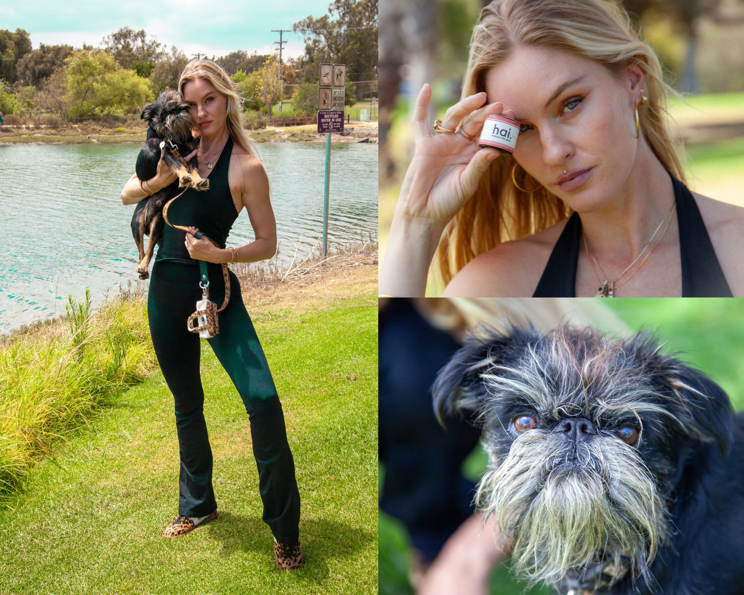 model paige tiziani with her dog mojo jojo and a red papaya sunrise hai. rosin jar