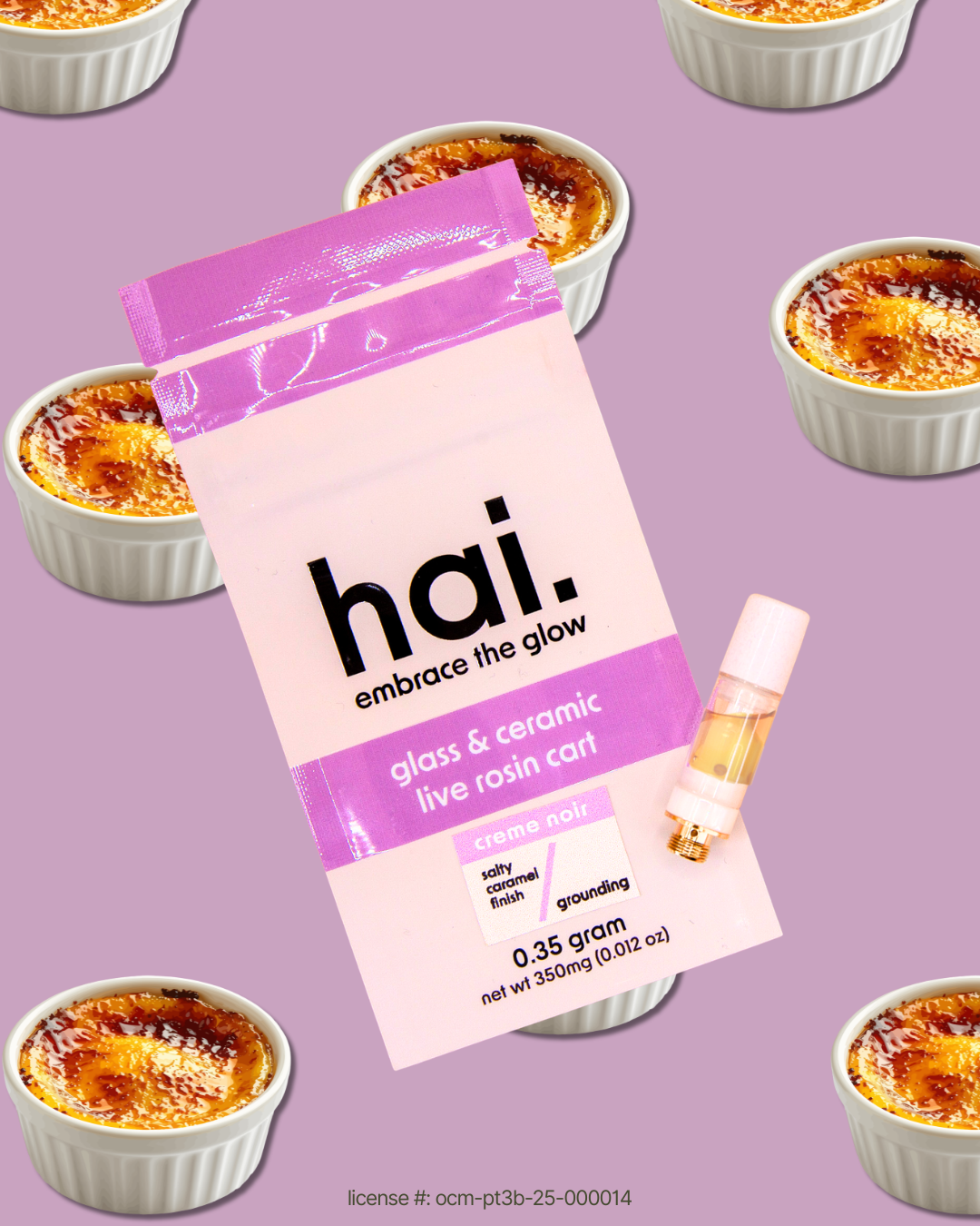 hai. crème noir 0.35g live rosin 510 cartridge package photographed with crème brûlée on a lavender background, featuring glass and ceramic hardware.
