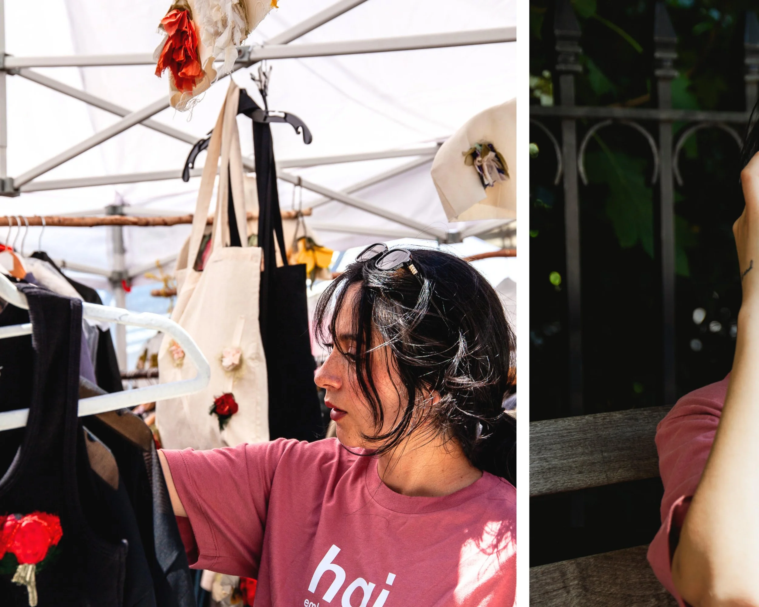 hannah jean shopping in an outdoor vintage market with a hai. shirt on