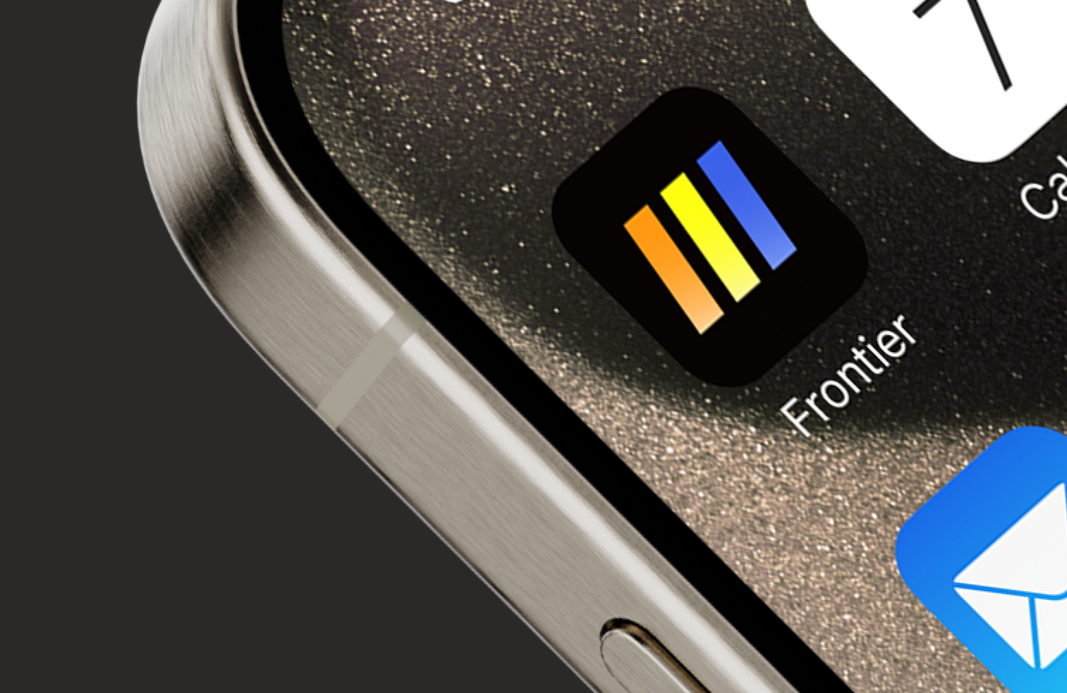 Close-up of a smartphone screen showing the Frontiers app icon with colorful vertical bars, and part of the phone's metallic edge and a blue email app icon at the bottom.