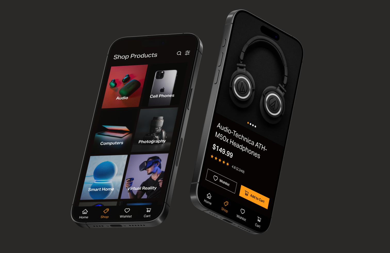 Two smartphones displaying an online shopping app for electronic products; one shows categories, and the other shows a detailed page for Audio-Technica ATH-M50x headphones priced at $149.99.