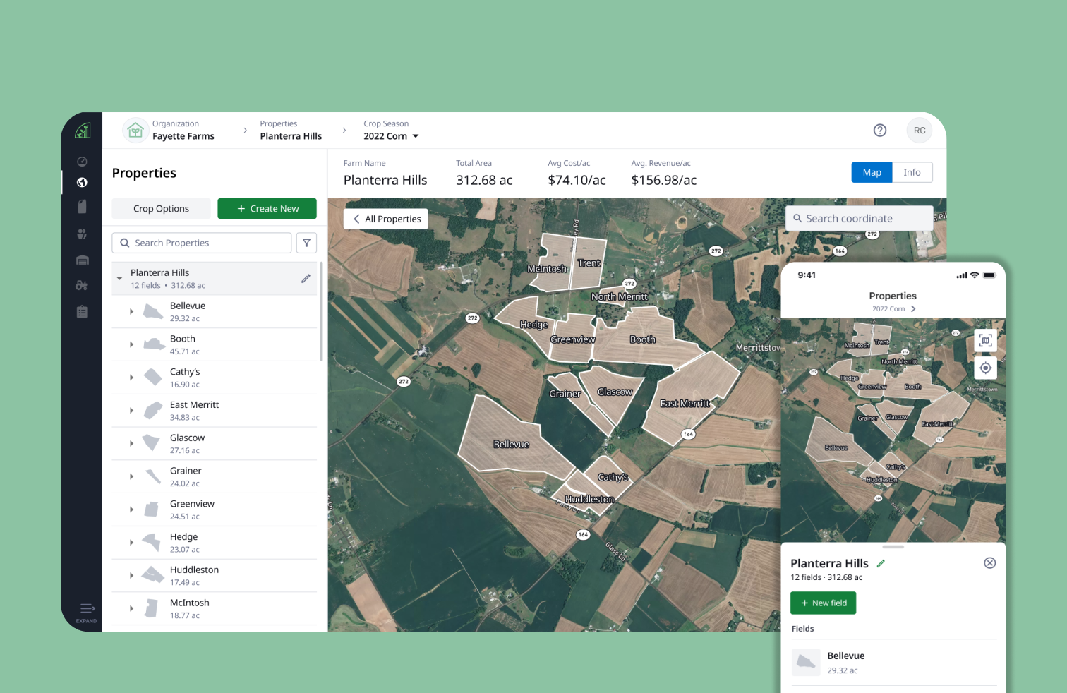 Digital farm management interface showing map of fields in Fayette Farms, Planterra Hills with outlines of different fields labeled with names, and a list of fields on the left with their sizes.