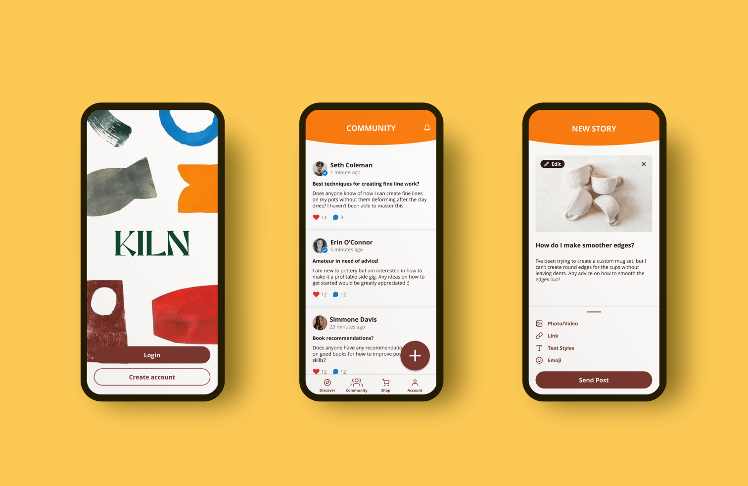 Three smartphone screens displaying a social media app interface. The first screen shows the splash page with a logo and options to log in or create an account. The second screen displays a community discussion page with user comments and interaction