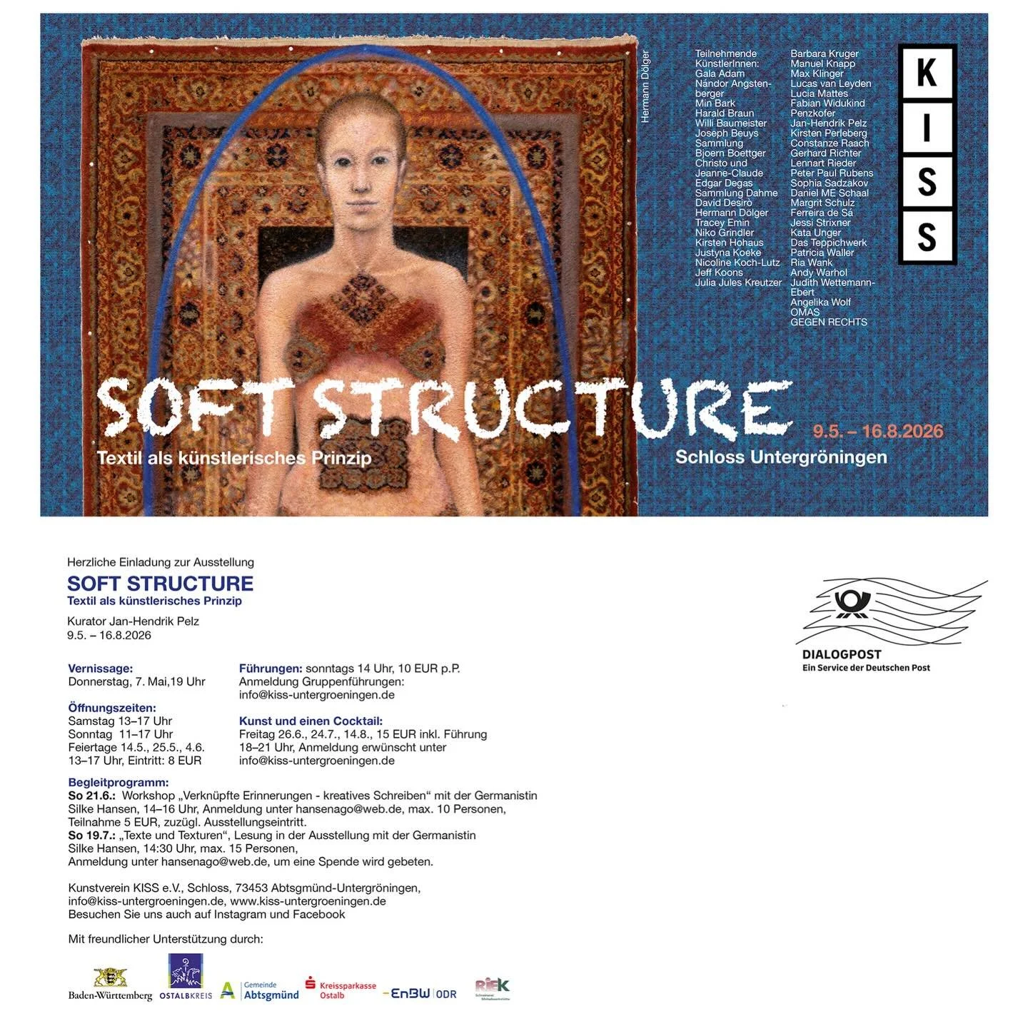 SOFT STRUCTURES - Textil als k&uuml;nstlerisches Prinzip
7. Mai - 16. August 2026
Im Museum Schloss Untergr&ouml;ningen versammelt die Ausstellung Soft Structures internationale Positionen. In einem 500 Jahre alten Schloss treffen diese Arbeiten auf 
