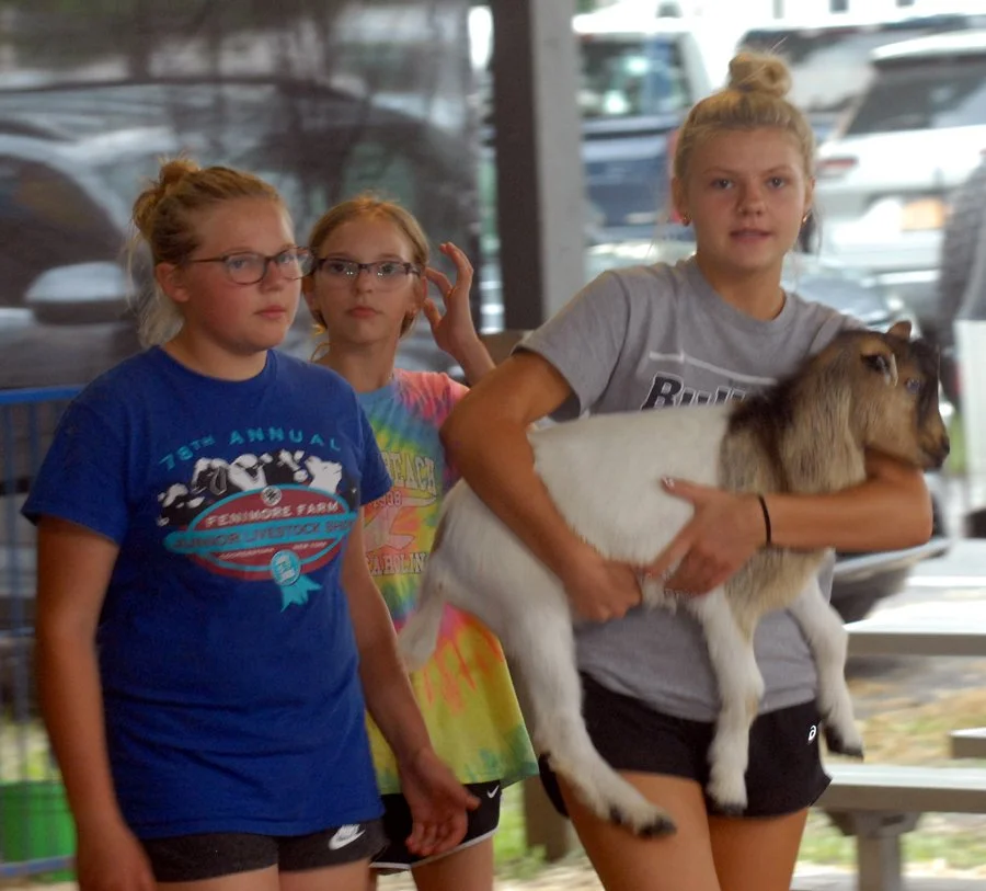 Girls carry a goat into the Sushine Fair Youth Exhibitor Barn.