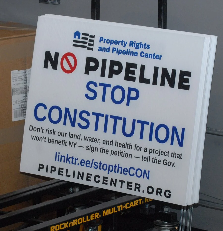 A sign at SNY Cobleskill offers a link to a petition opposing the proposed Constitution Pipeline, which would cross seven schoharie County towns.