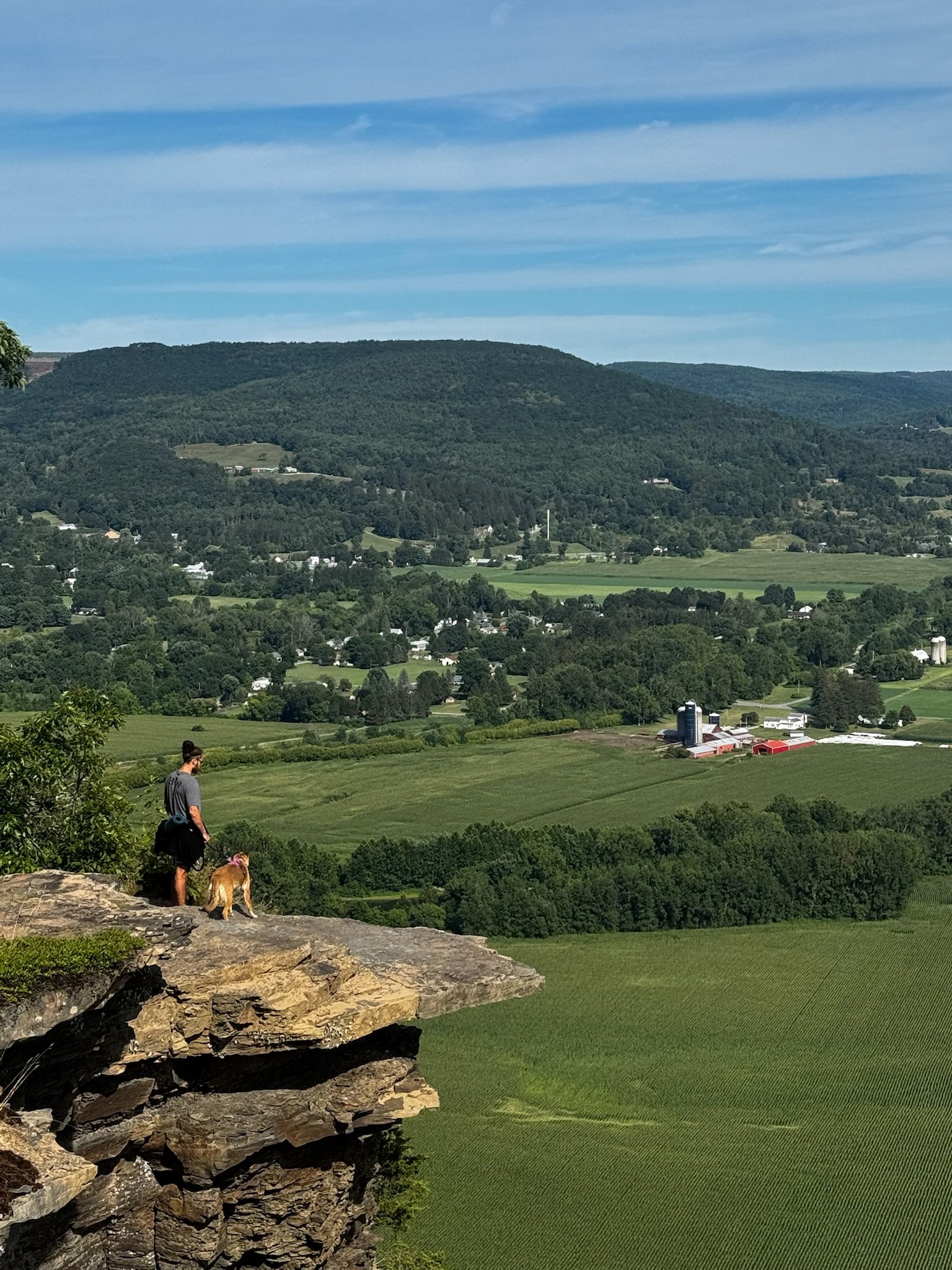 View of a man and dog at vrooman's nose, overlooking a town in Schoharie County